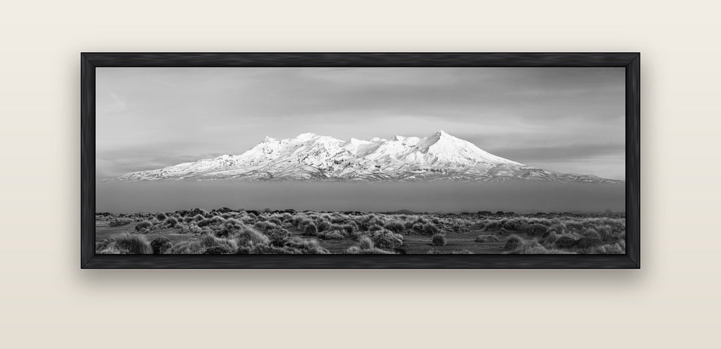 Ruapehu, The Floating Volcano — black float frame canvas, 152 × 56 cm. New Zealand fine art landscape wall art by Stephen Milner.