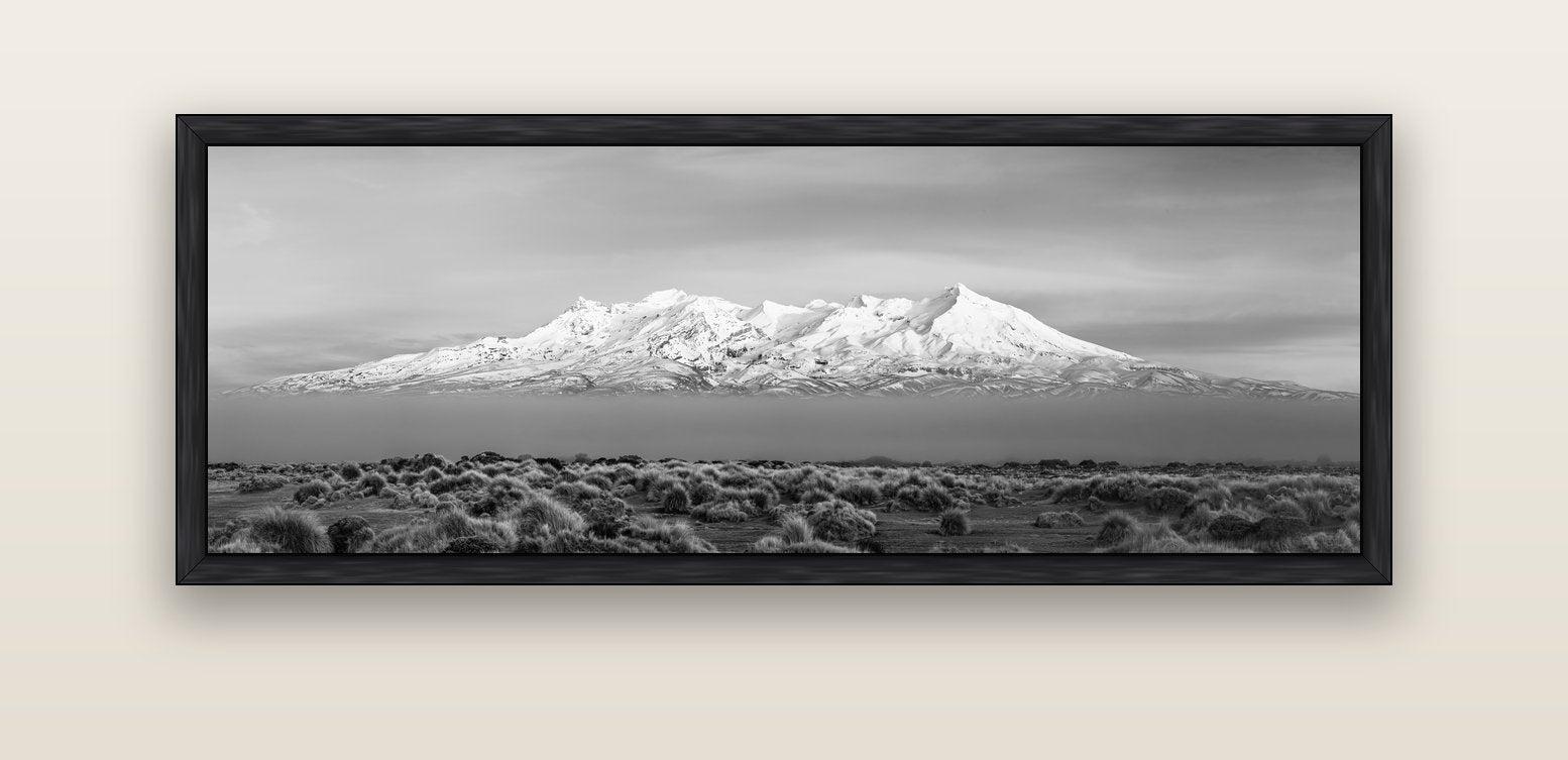 Ruapehu, The Floating Volcano — black float frame canvas, 152 × 56 cm. New Zealand fine art landscape wall art by Stephen Milner.