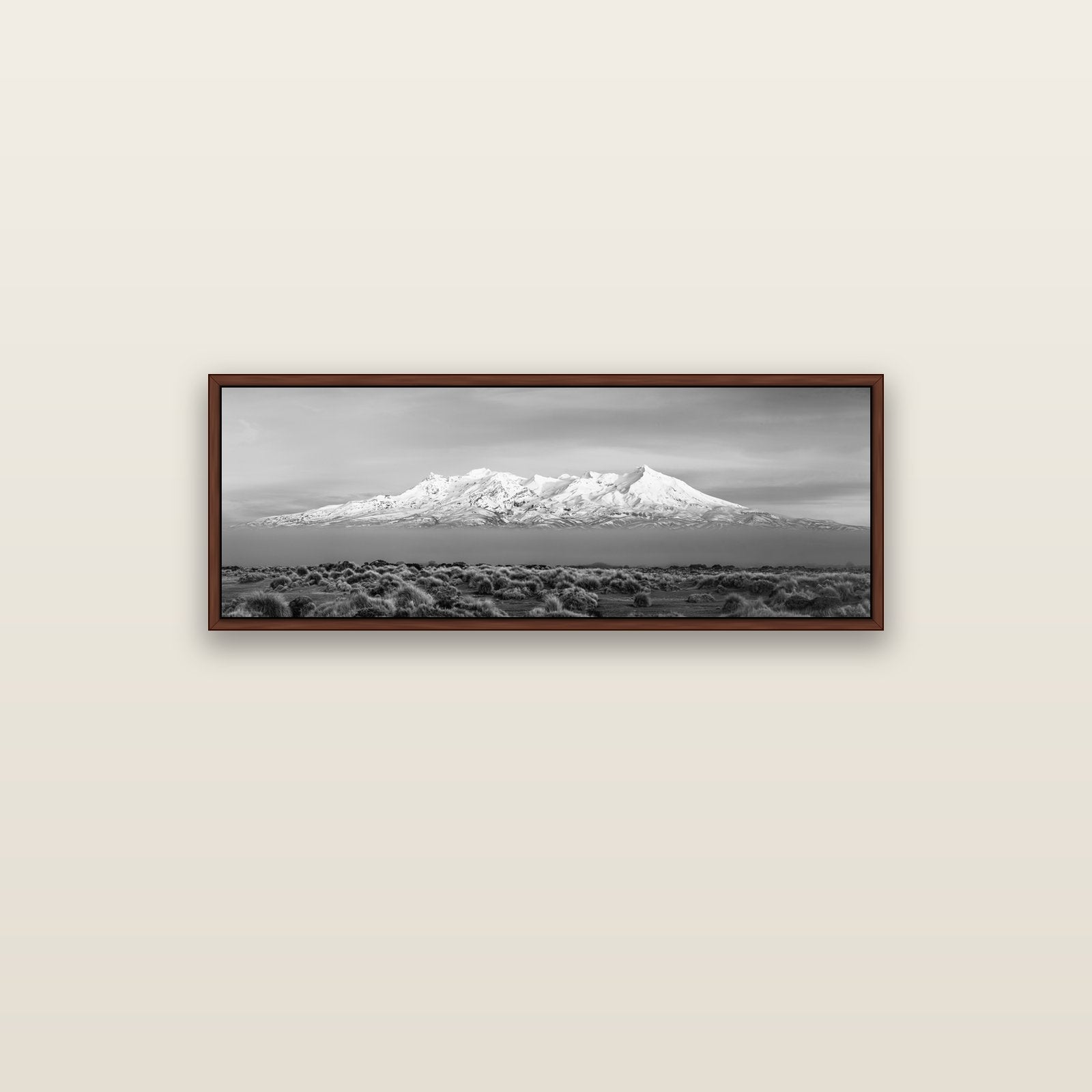 Ruapehu, The Floating Volcano — brown float frame canvas, 102 × 36 cm. New Zealand fine art landscape wall art by Stephen Milner.