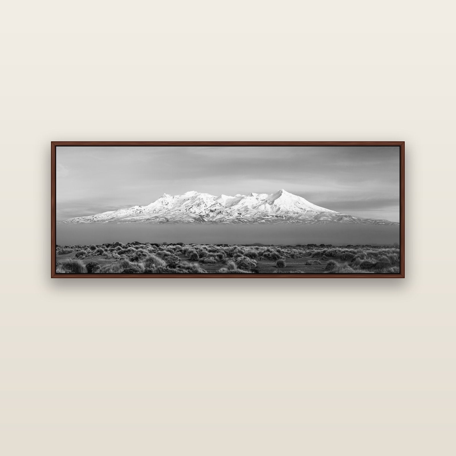 Ruapehu, The Floating Volcano — brown float frame canvas, 152 × 56 cm. New Zealand fine art landscape wall art by Stephen Milner.
