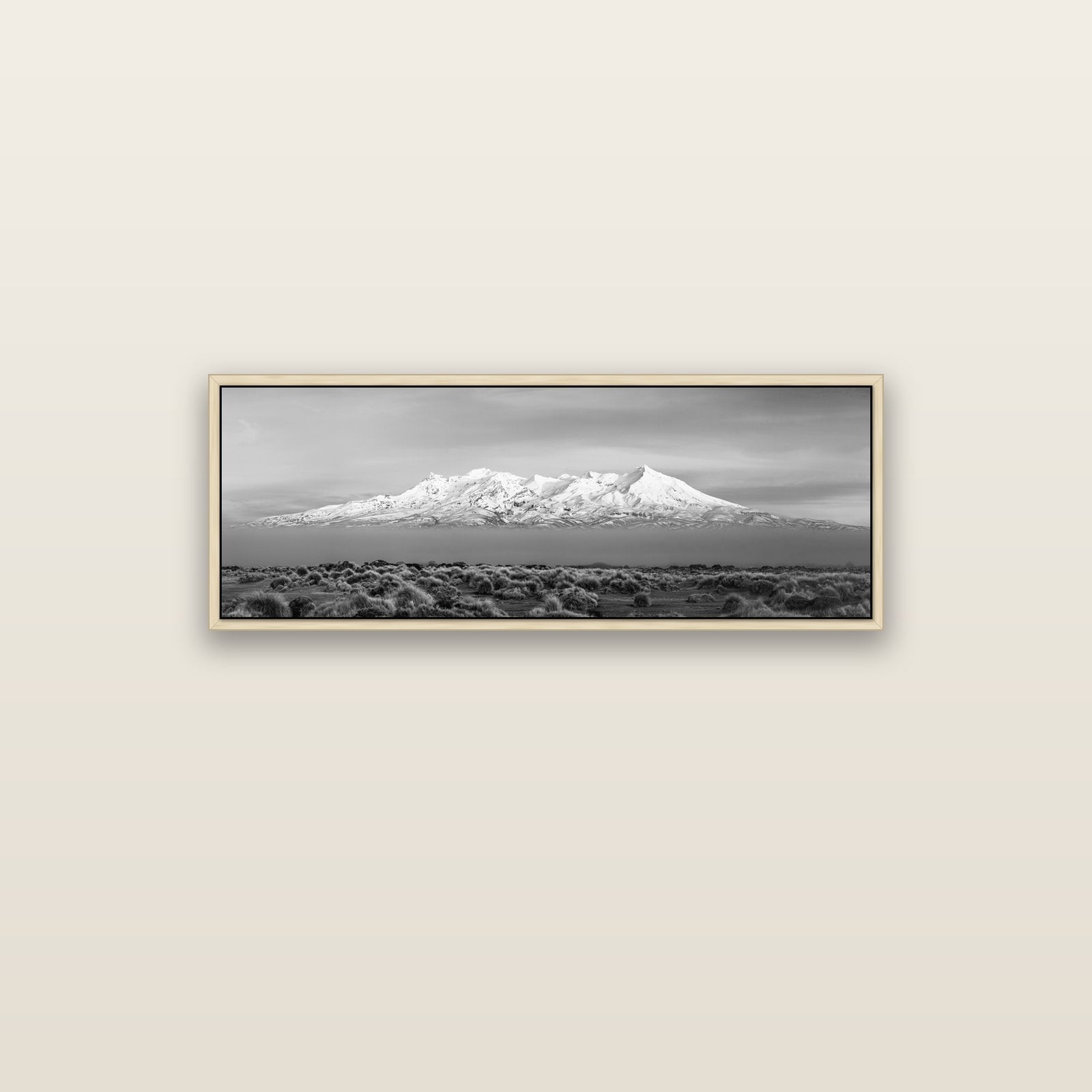 Ruapehu, The Floating Volcano — natural float frame canvas, 102 × 36 cm. New Zealand fine art landscape wall art by Stephen Milner.