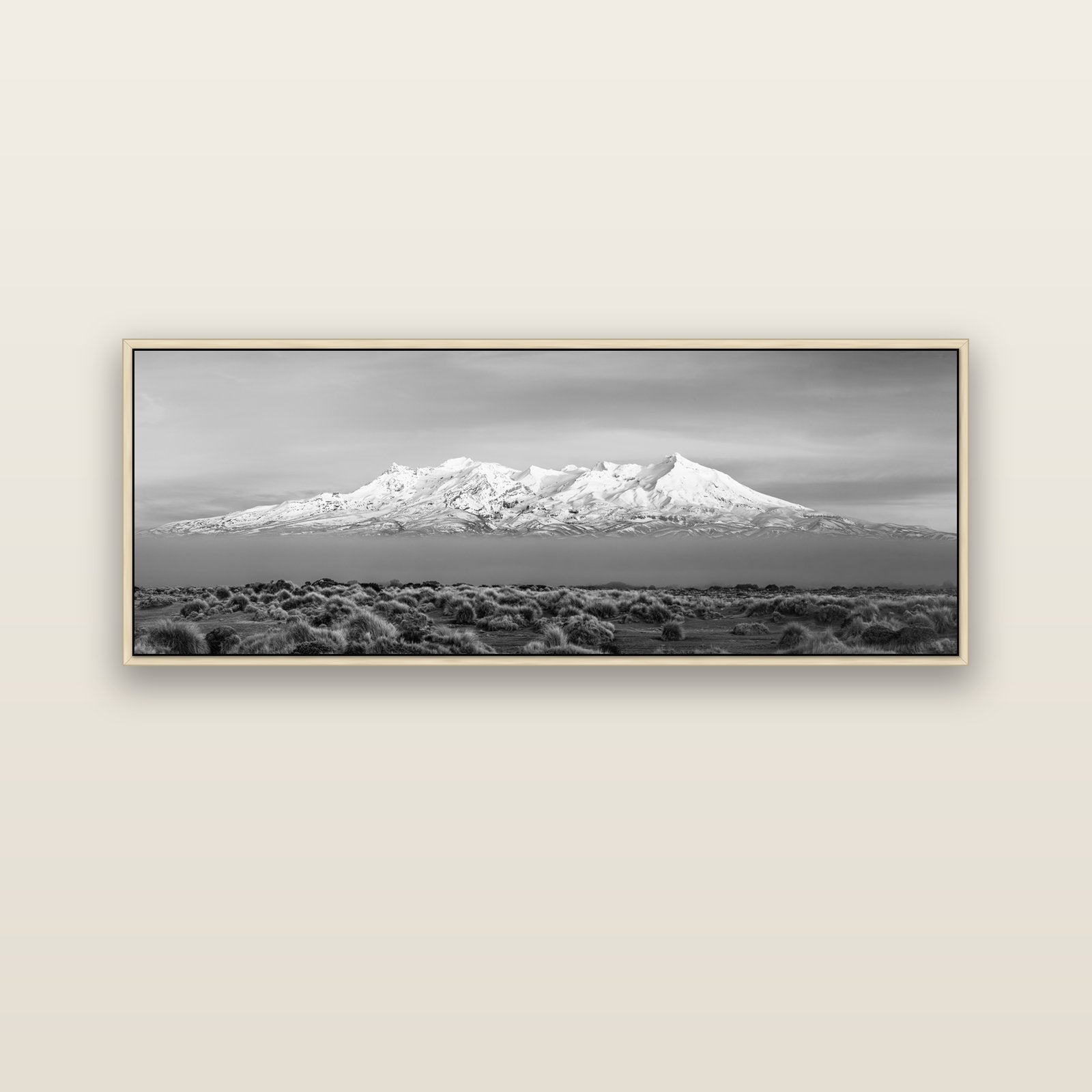 Ruapehu, The Floating Volcano — natural float frame canvas, 152 × 56 cm. New Zealand fine art landscape wall art by Stephen Milner.
