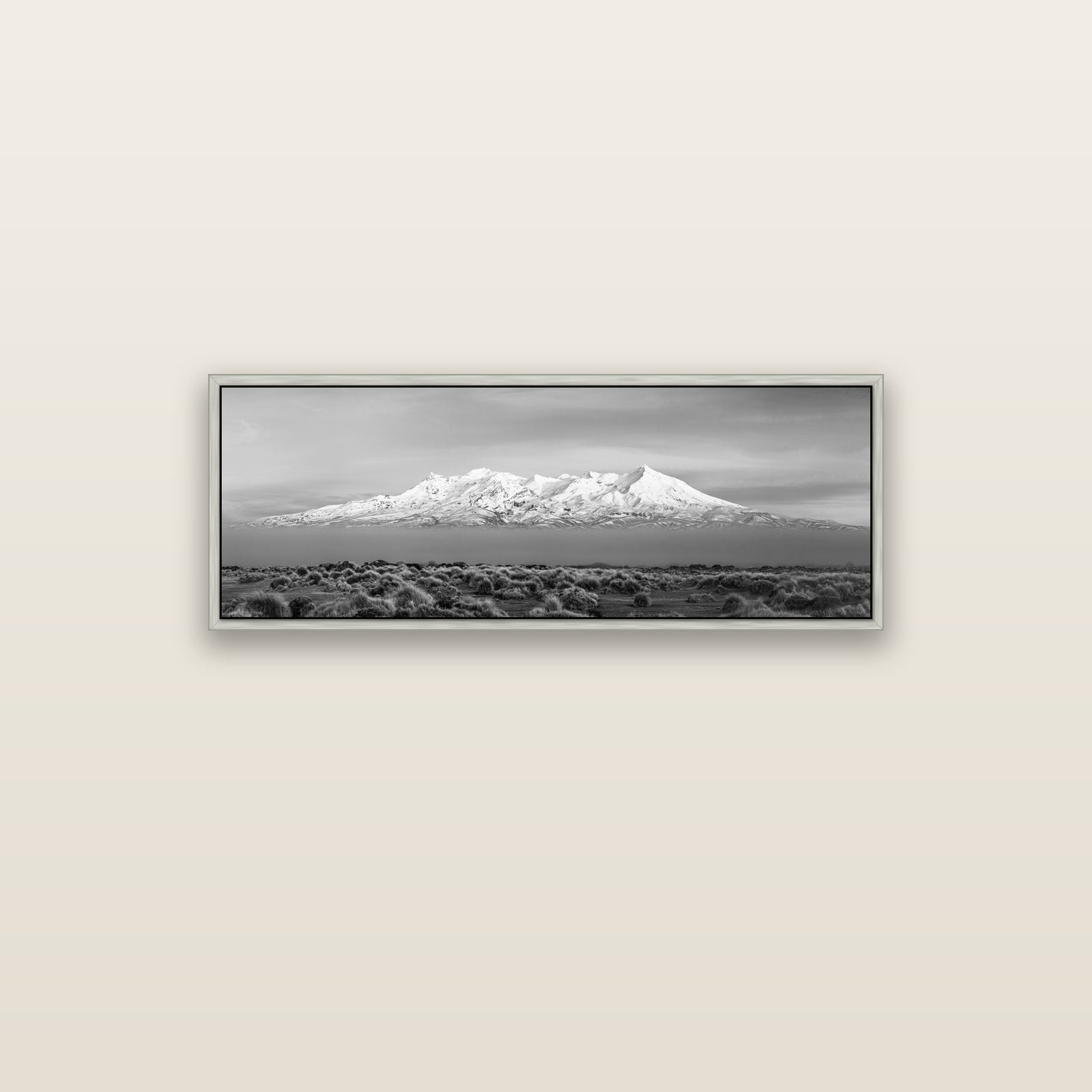 Ruapehu, The Floating Volcano — silver float frame canvas, 102 × 36 cm. New Zealand fine art landscape wall art by Stephen Milner.