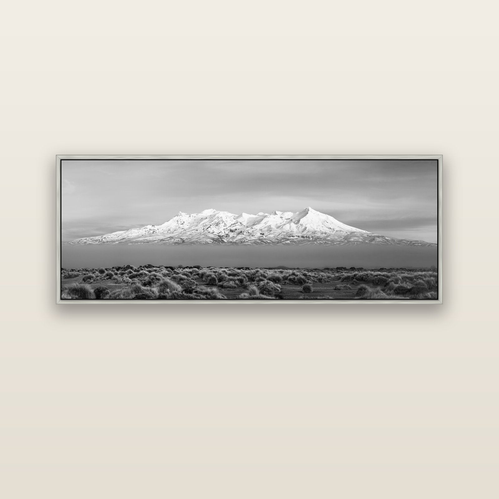 Ruapehu, The Floating Volcano — silver float frame canvas, 152 × 56 cm. New Zealand fine art landscape wall art by Stephen Milner.
