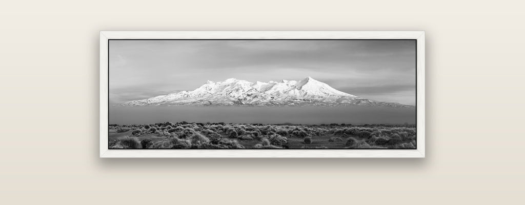 Ruapehu, The Floating Volcano — white float frame framed canvas print. New Zealand fine art landscape wall art by Stephen Milner.