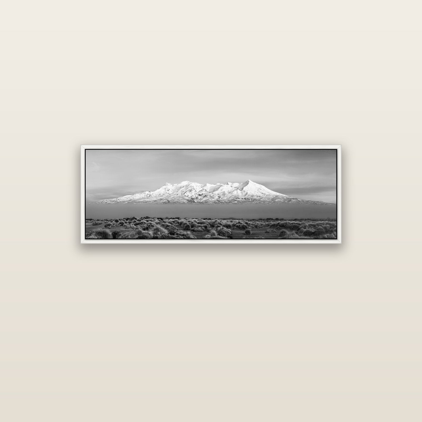 Ruapehu, The Floating Volcano — white float frame canvas, 102 × 36 cm. New Zealand fine art landscape wall art by Stephen Milner.