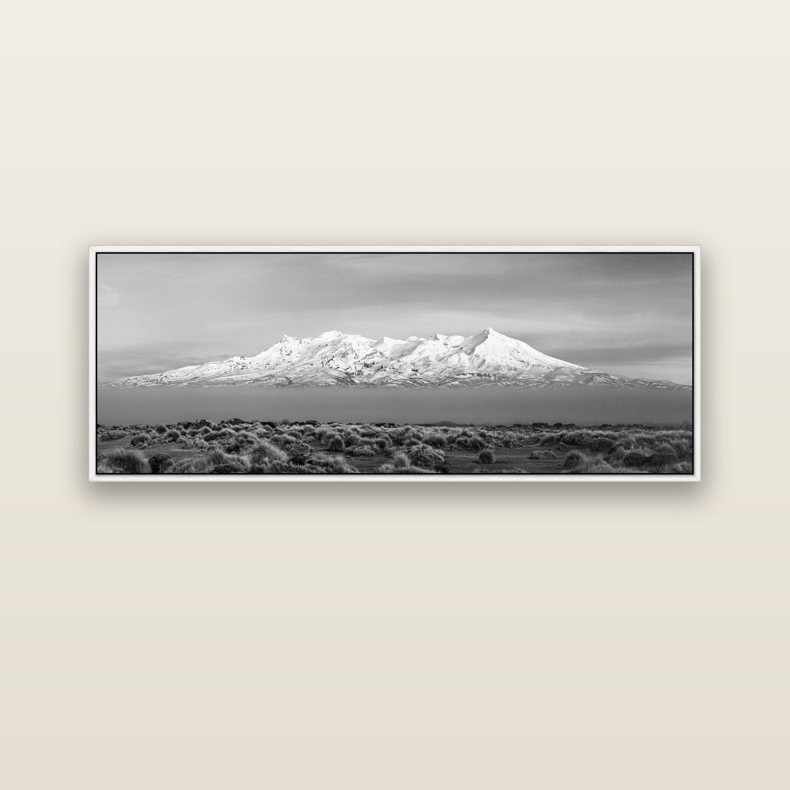 Ruapehu, The Floating Volcano — white float frame canvas, 152 × 56 cm. New Zealand fine art landscape wall art by Stephen Milner.