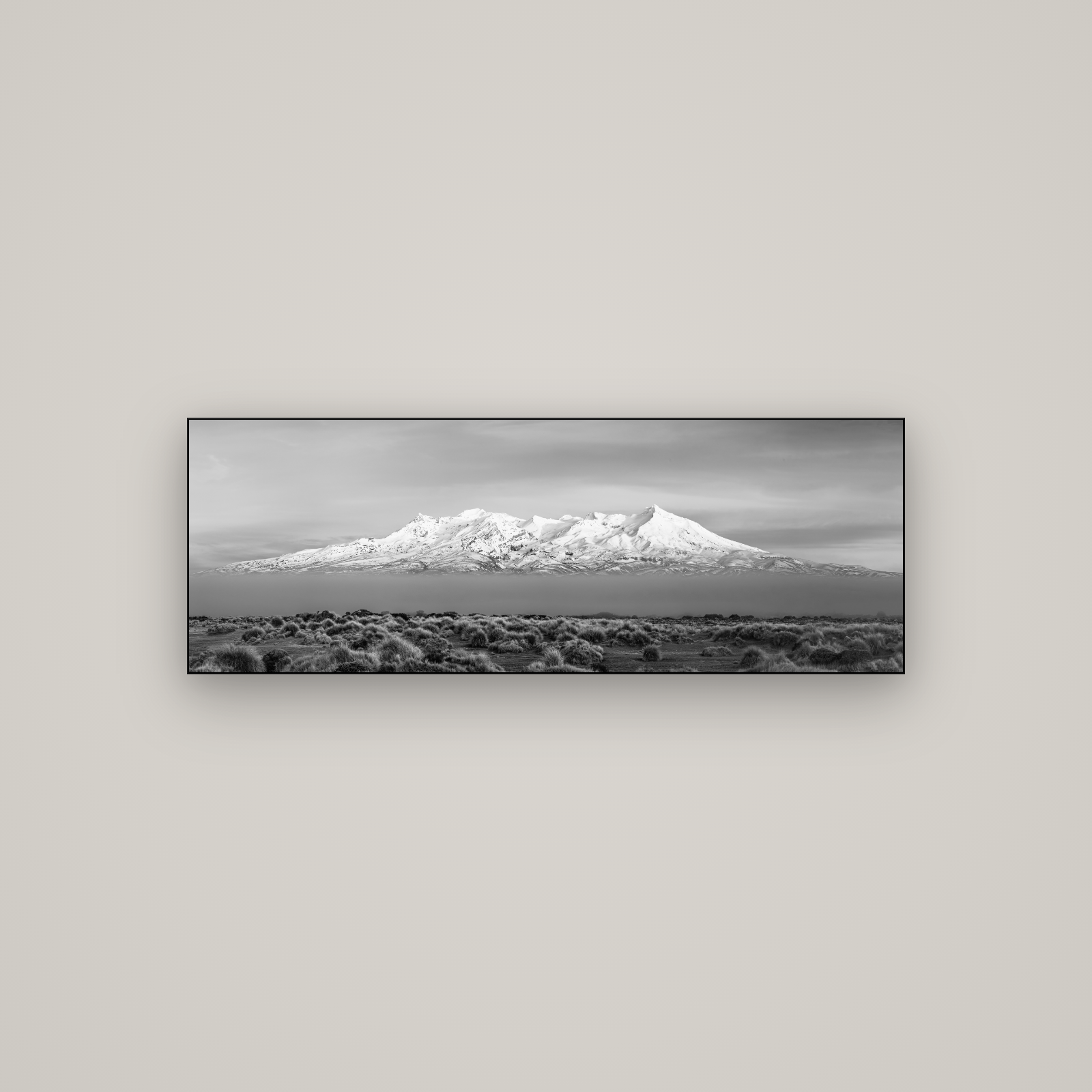 Ruapehu, The Floating Volcano — Slimline Black, 113×40 cm. New Zealand fine art wall art by Stephen Milner.