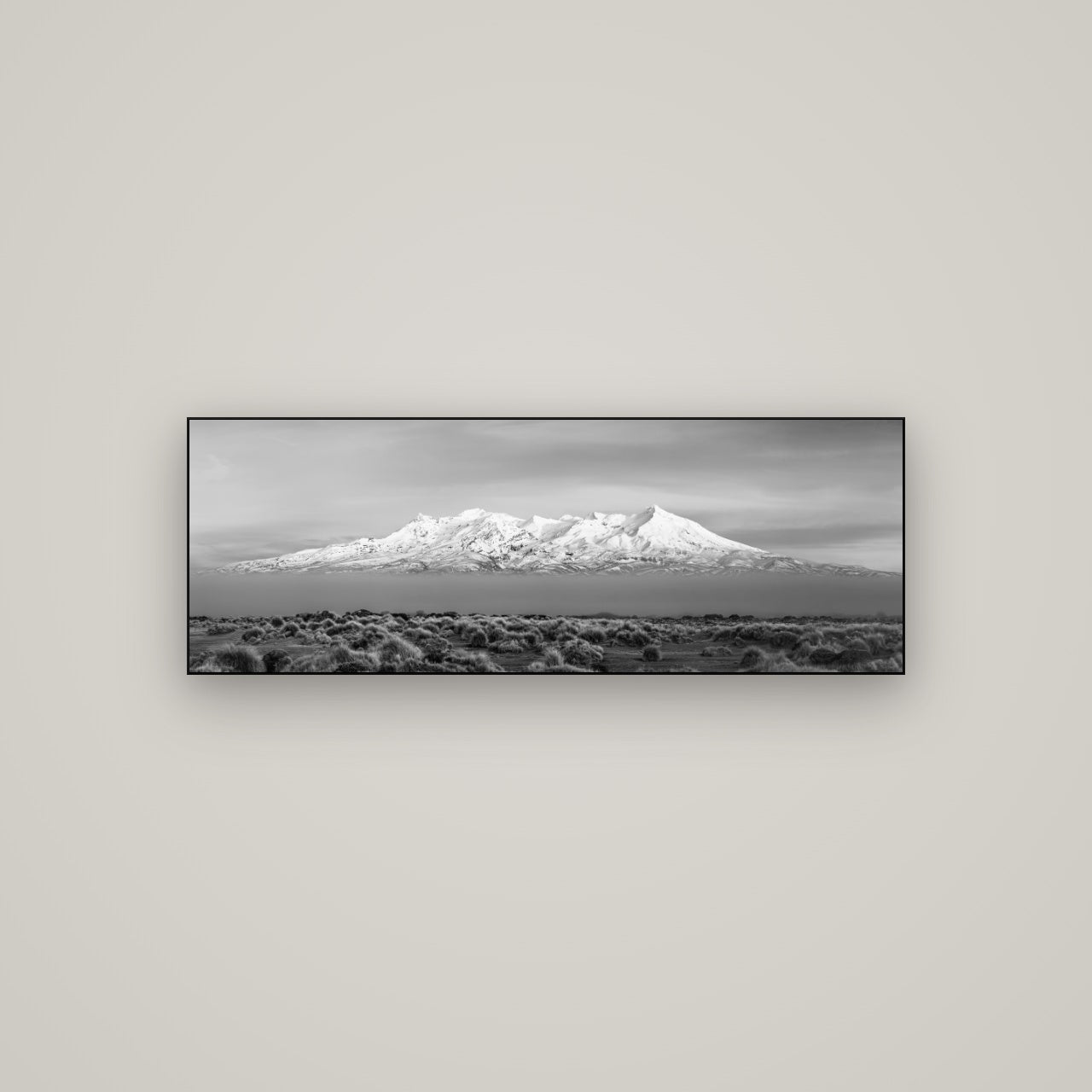Ruapehu, The Floating Volcano — Slimline Black, 113×40 cm. New Zealand fine art wall art by Stephen Milner.