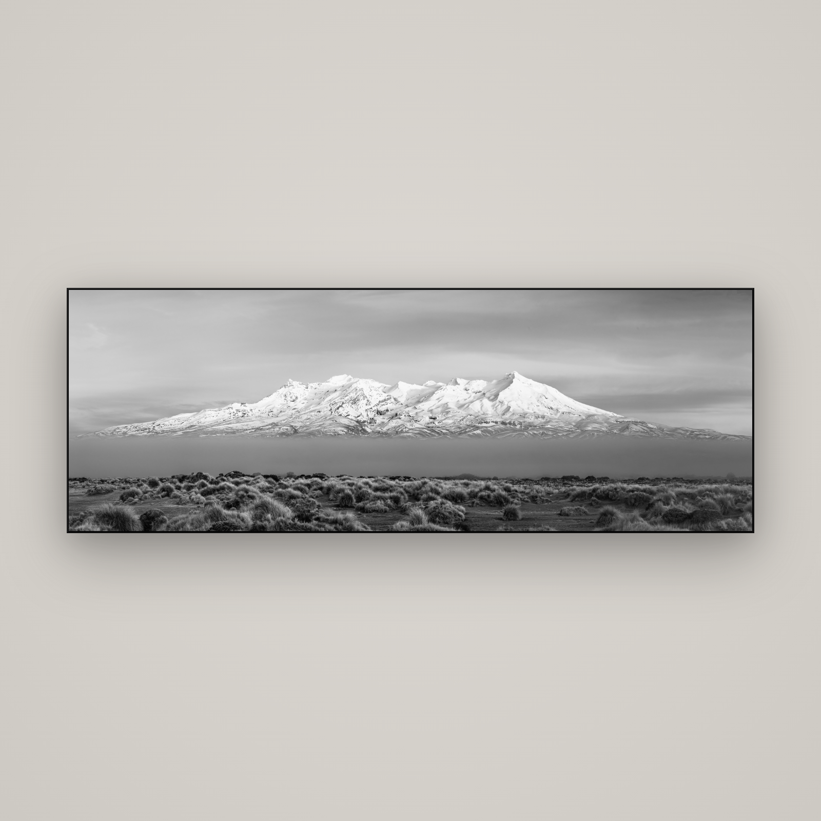 Ruapehu, The Floating Volcano — Slimline Black, 170×60 cm. New Zealand fine art wall art by Stephen Milner.