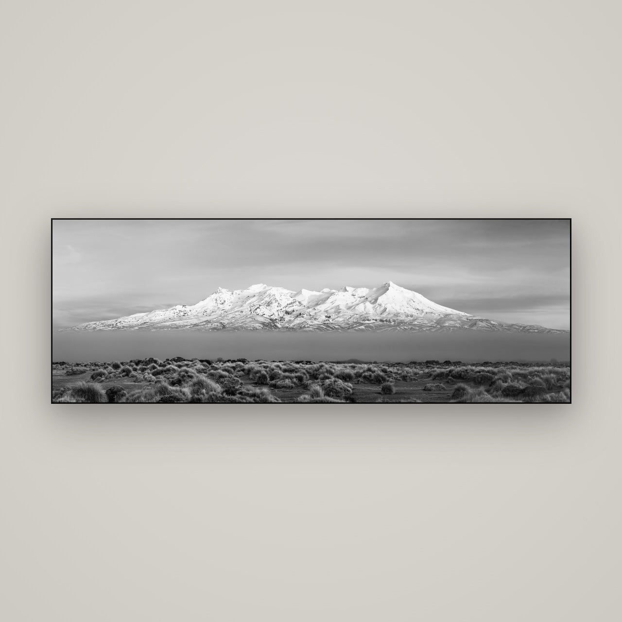 Ruapehu, The Floating Volcano — Slimline Black, 170×60 cm. New Zealand fine art wall art by Stephen Milner.
