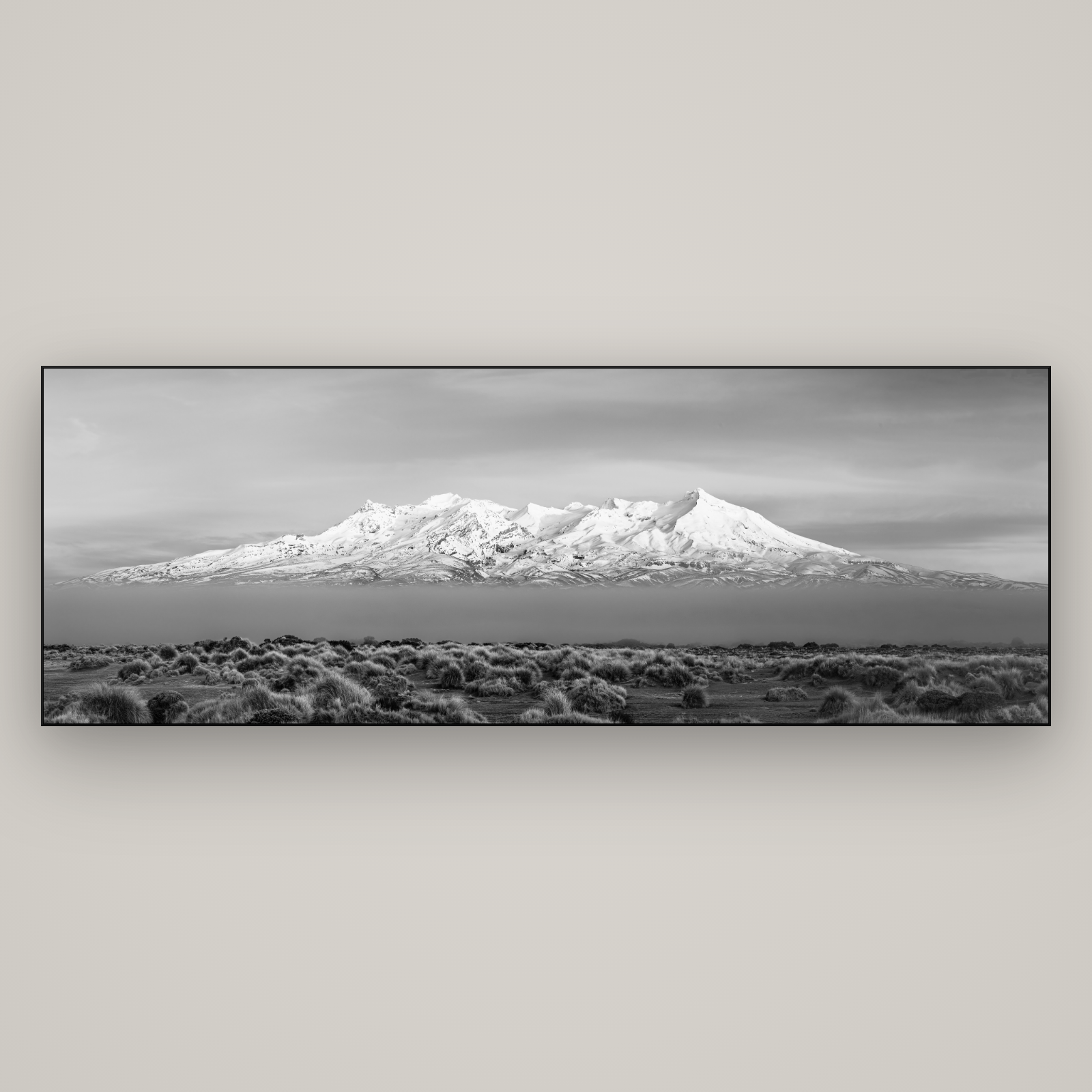 Ruapehu, The Floating Volcano — Slimline Black, 198×70 cm. New Zealand fine art wall art by Stephen Milner.