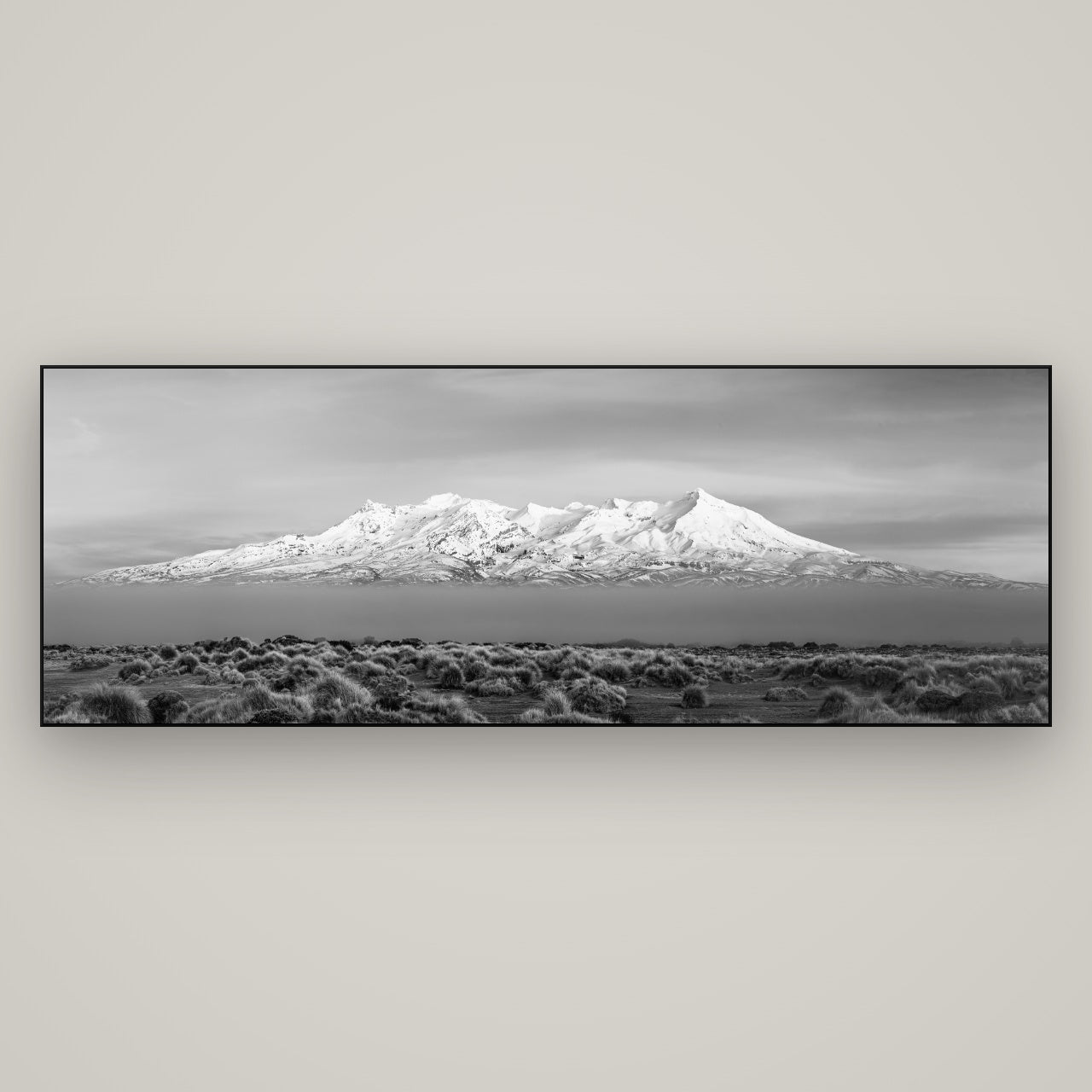 Ruapehu, The Floating Volcano — Slimline Black, 198×70 cm. New Zealand fine art wall art by Stephen Milner.