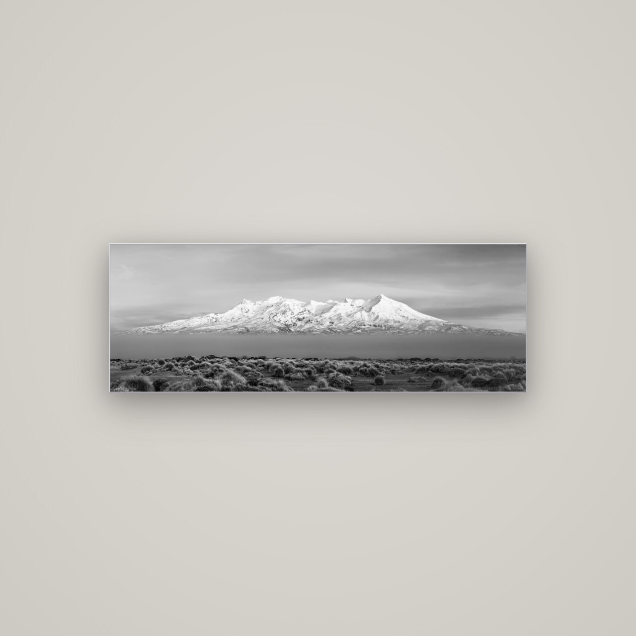 Ruapehu, The Floating Volcano — Slimline Silver, 113×40 cm. New Zealand fine art wall art by Stephen Milner.