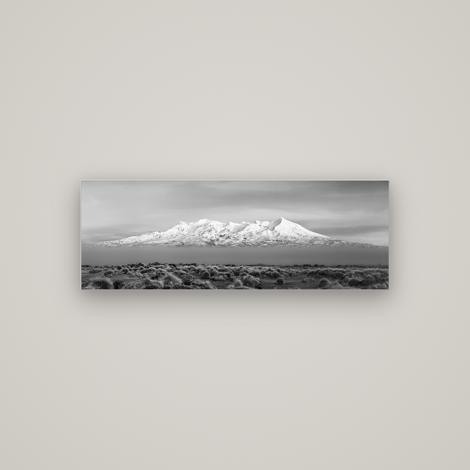 Ruapehu, The Floating Volcano — Slimline Silver, 113×40 cm. New Zealand fine art wall art by Stephen Milner.