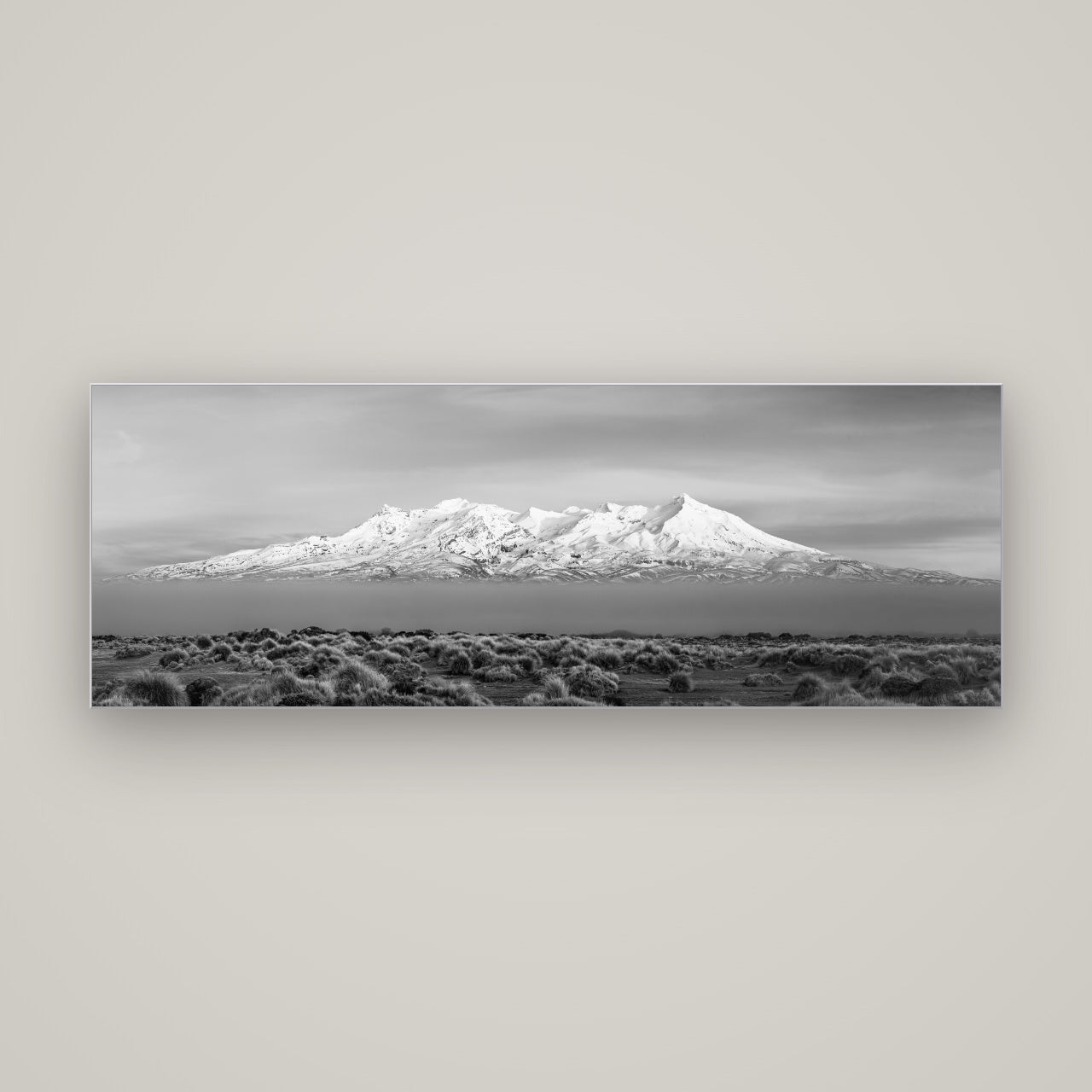 Ruapehu, The Floating Volcano — Slimline Silver, 170×60 cm. New Zealand fine art wall art by Stephen Milner.