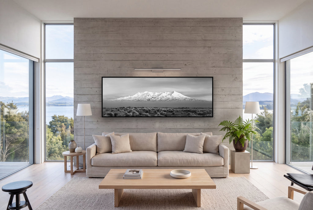 Ruapehu, The Floating Volcano shown as large black and white wall art in a styled room, fine art by Stephen Milner.