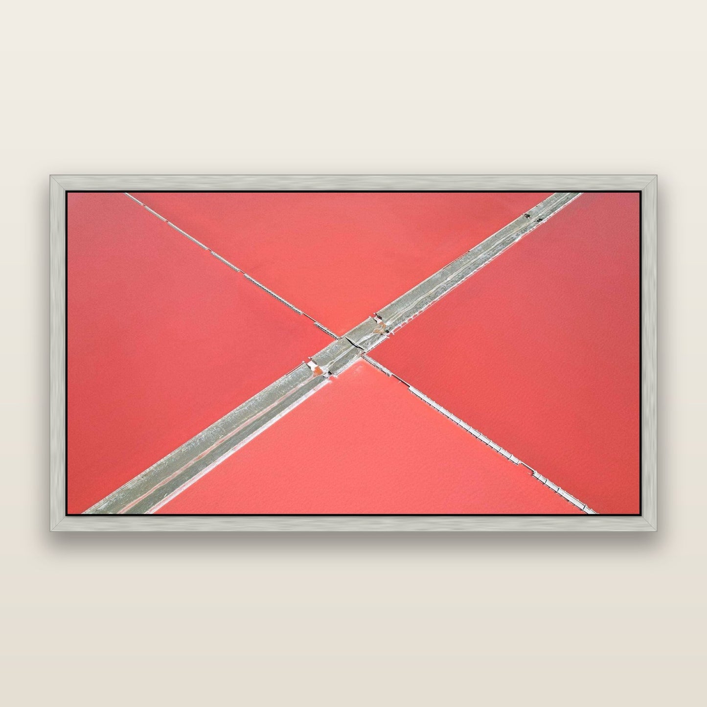 Salt Cross, Lake Grassmere — framed metallic canvas print, Antique Silver frame. New Zealand fine art landscape wall art by Stephen Milner.
