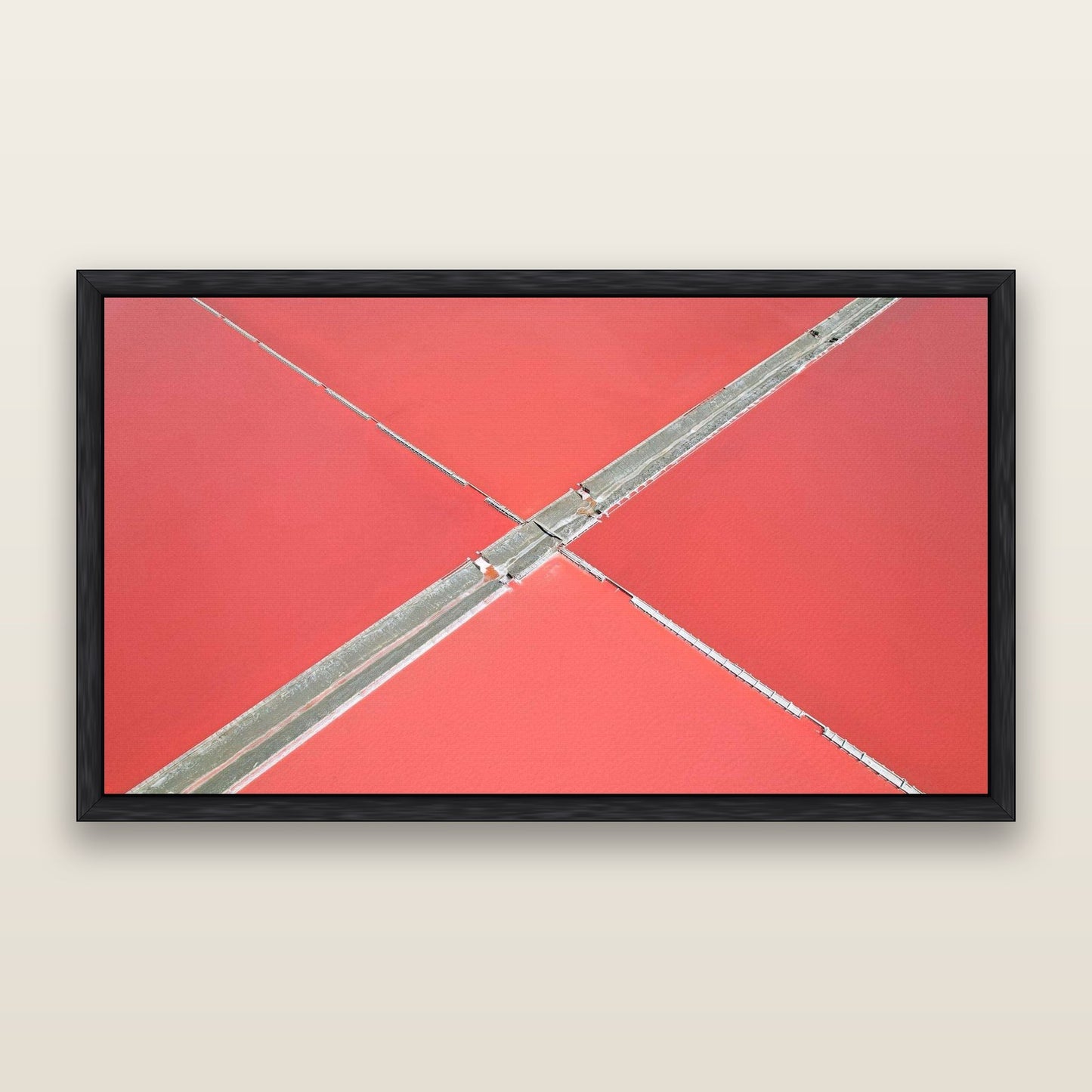 Salt Cross, Lake Grassmere — framed metallic canvas print, Black frame. New Zealand fine art landscape wall art by Stephen Milner.
