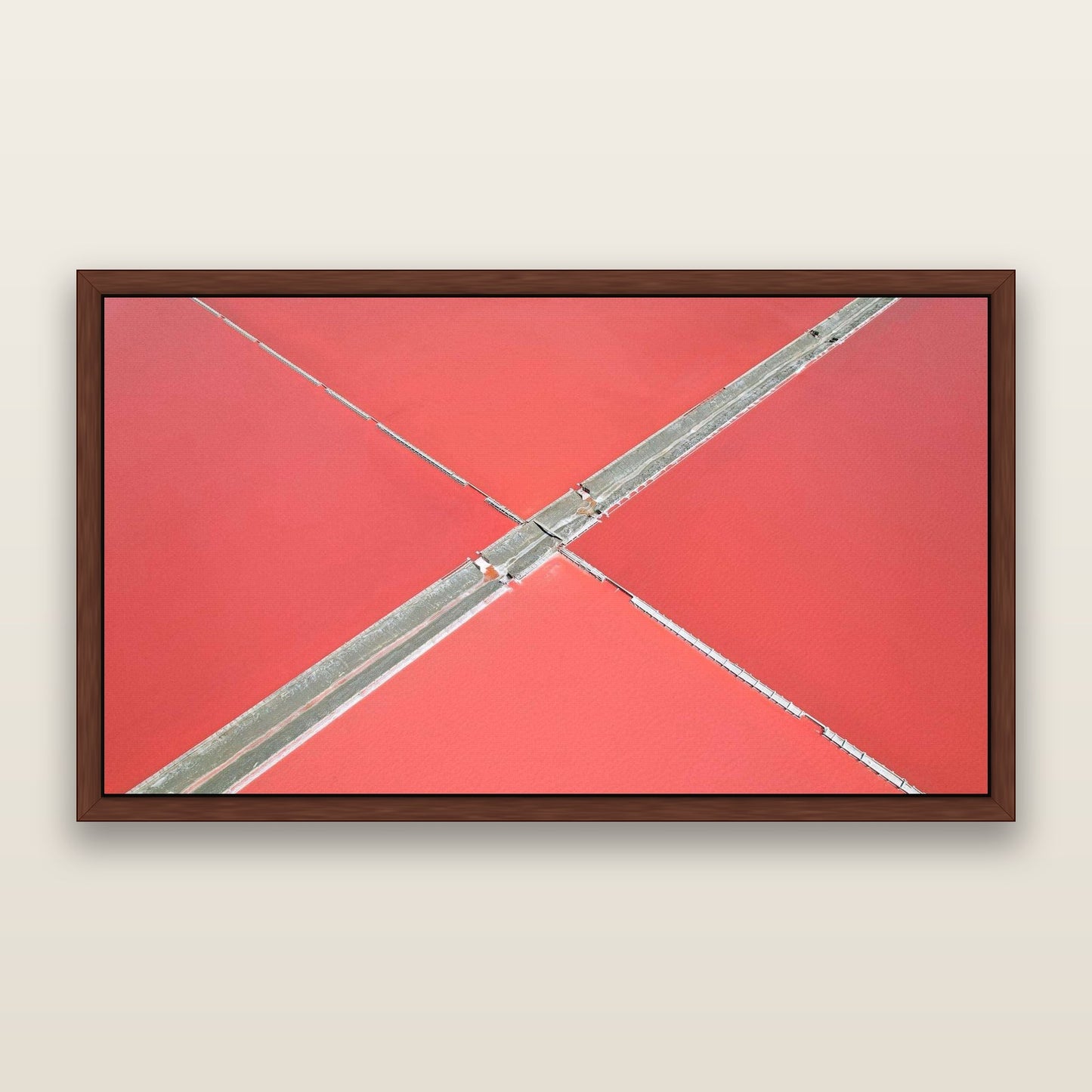 Salt Cross, Lake Grassmere — framed metallic canvas print, Brown frame. New Zealand fine art landscape wall art by Stephen Milner.