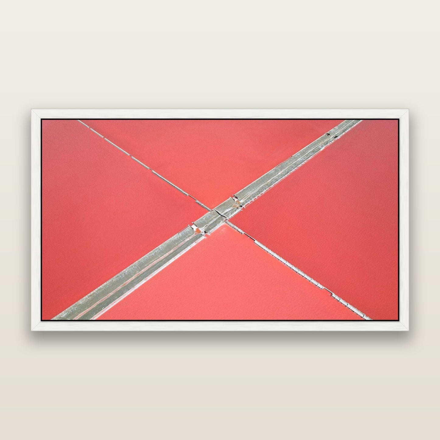 Salt Cross, Lake Grassmere — framed metallic canvas print, White frame. New Zealand fine art landscape wall art by Stephen Milner.