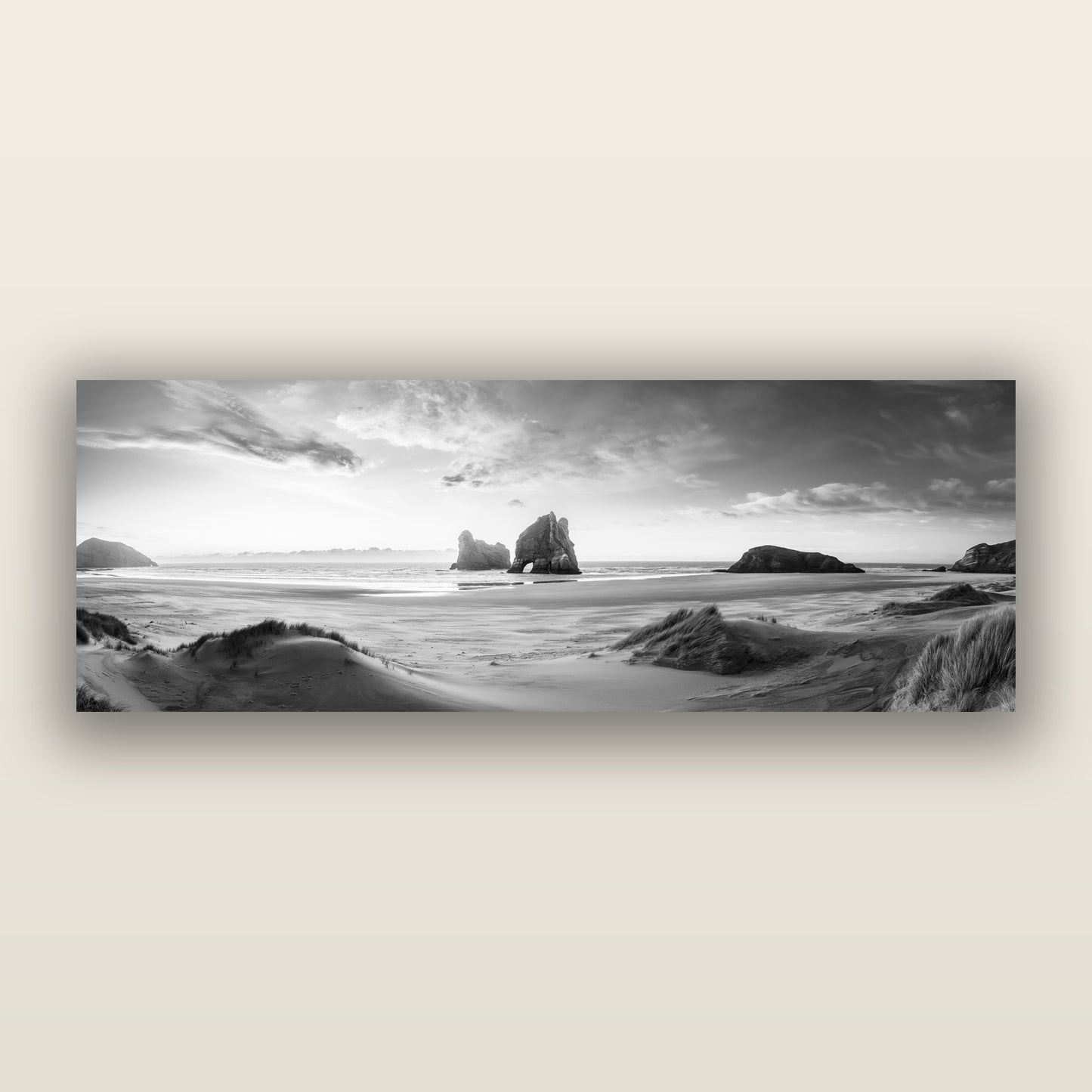 Sands of Time, Wharariki Beach — black and white frameless acrylic glass print. New Zealand fine art photography by Stephen Milner.