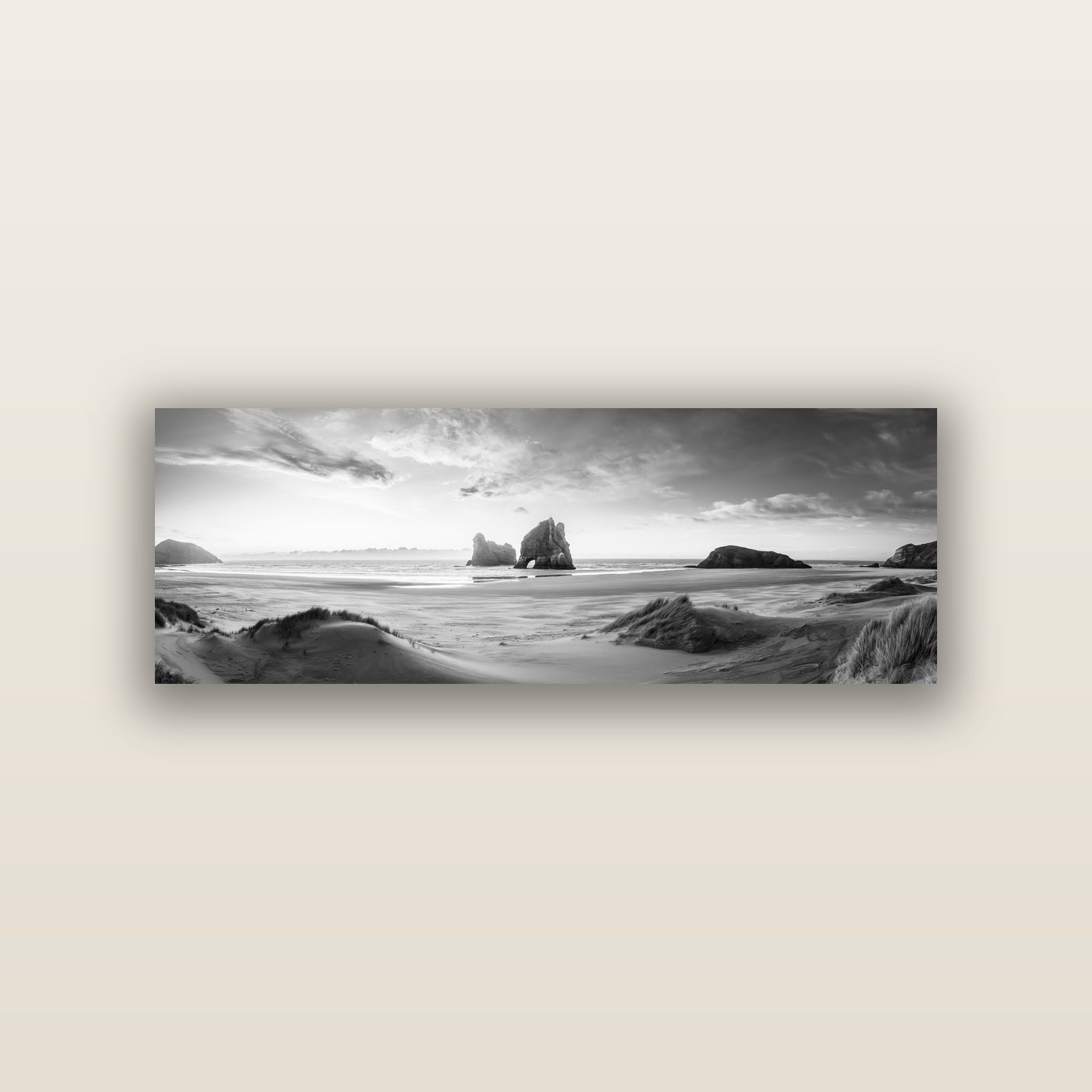 Sands of Time, Wharariki Beach — acrylic panel print, small 76 × 25 cm. New Zealand fine art landscape wall art by Stephen Milner.