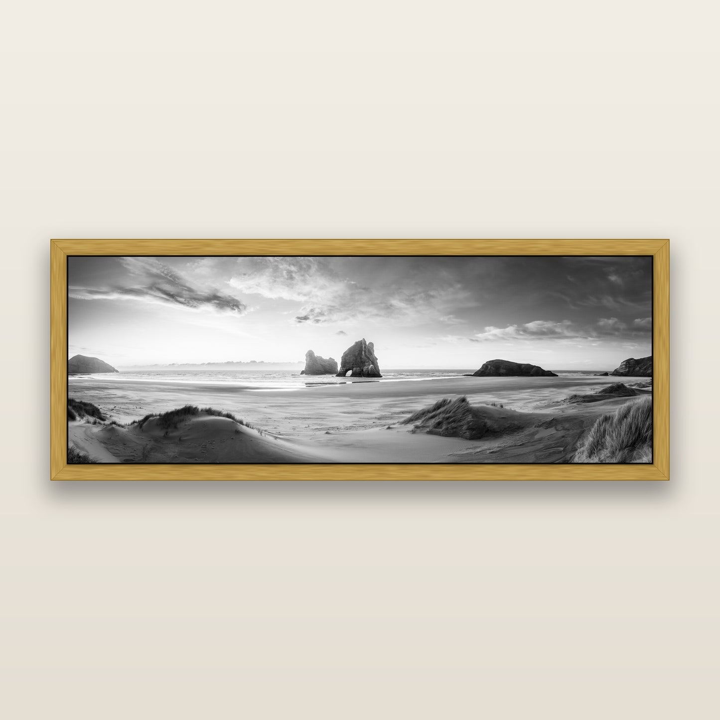 Sands of Time, Wharariki Beach — black and white framed metallic canvas print, Antique Gold frame. New Zealand fine art wall art by Stephen Milner.
