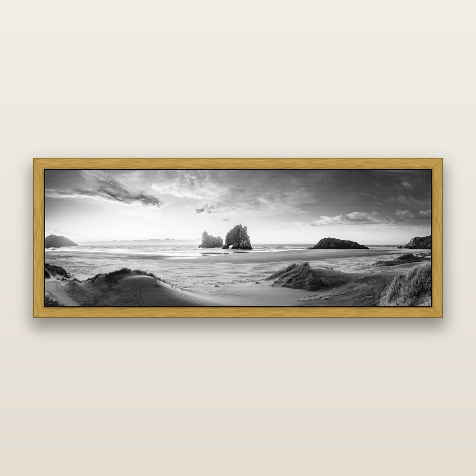 Sands of Time, Wharariki Beach, black and white framed metallic canvas print, Antique Gold frame. New Zealand fine art wall art by Stephen Milner.