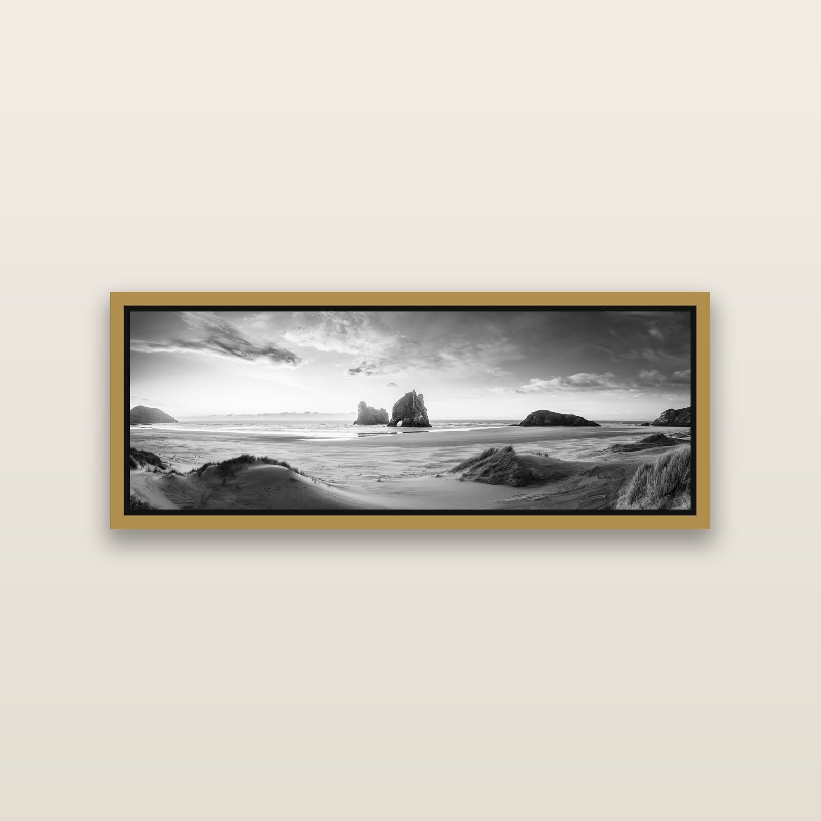 Sands of Time, Wharariki Beach — Antique Gold framed metallic canvas print, small 86 × 30 cm. New Zealand fine art landscape wall art by Stephen Milner.