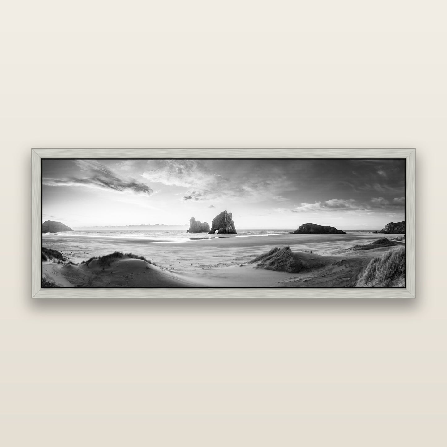 Sands of Time, Wharariki Beach — black and white framed metallic canvas print, Antique Silver frame. New Zealand fine art wall art by Stephen Milner.