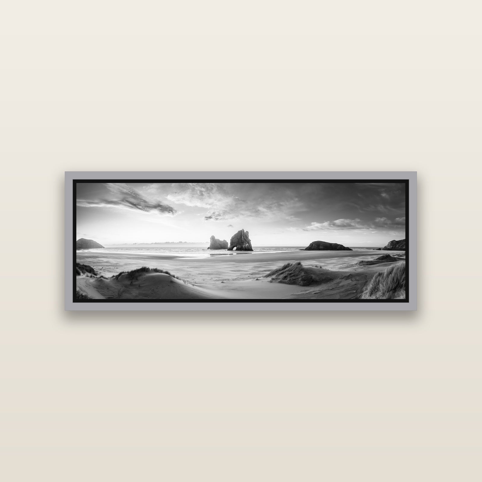 Sands of Time, Wharariki Beach — Antique Silver framed metallic canvas print, small 86 × 30 cm. New Zealand fine art landscape wall art by Stephen Milner.