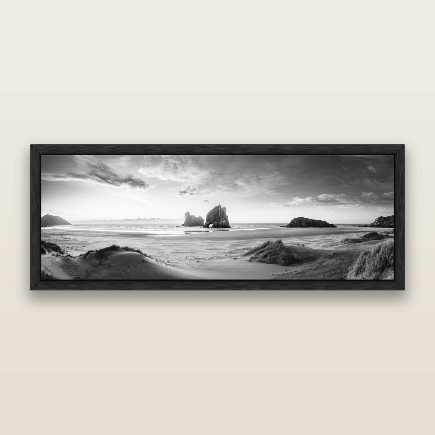 Sands of Time, Wharariki Beach — black and white framed metallic canvas print, Black frame. New Zealand fine art wall art by Stephen Milner.