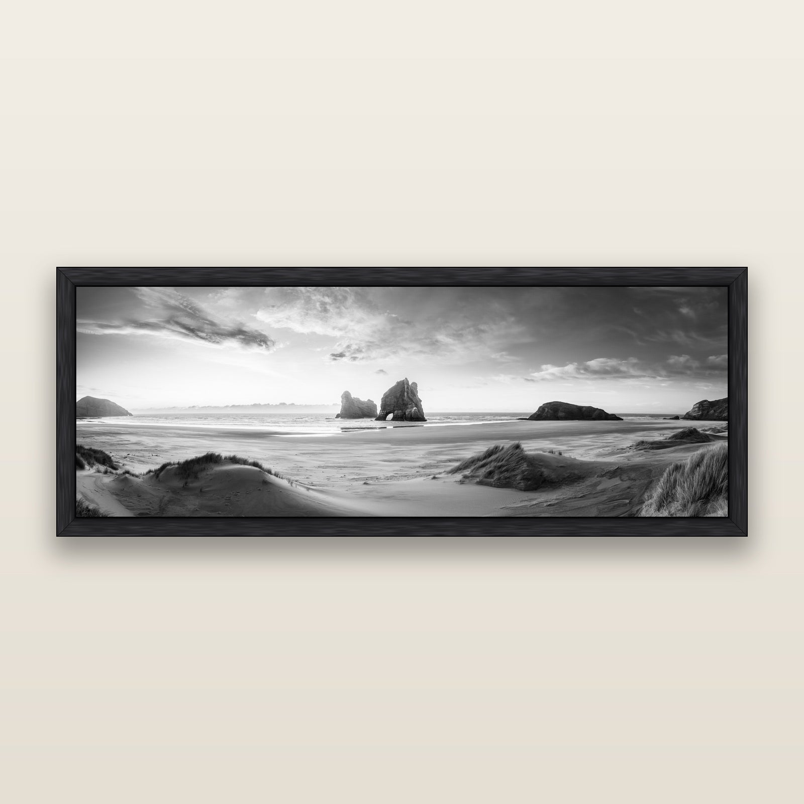 Sands of Time, Wharariki Beach — black and white framed metallic canvas print, Black frame. New Zealand fine art wall art by Stephen Milner.