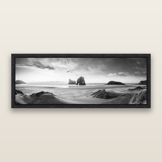 Sands of Time, Wharariki Beach — black and white framed metallic canvas print, Black frame. New Zealand fine art wall art by Stephen Milner.