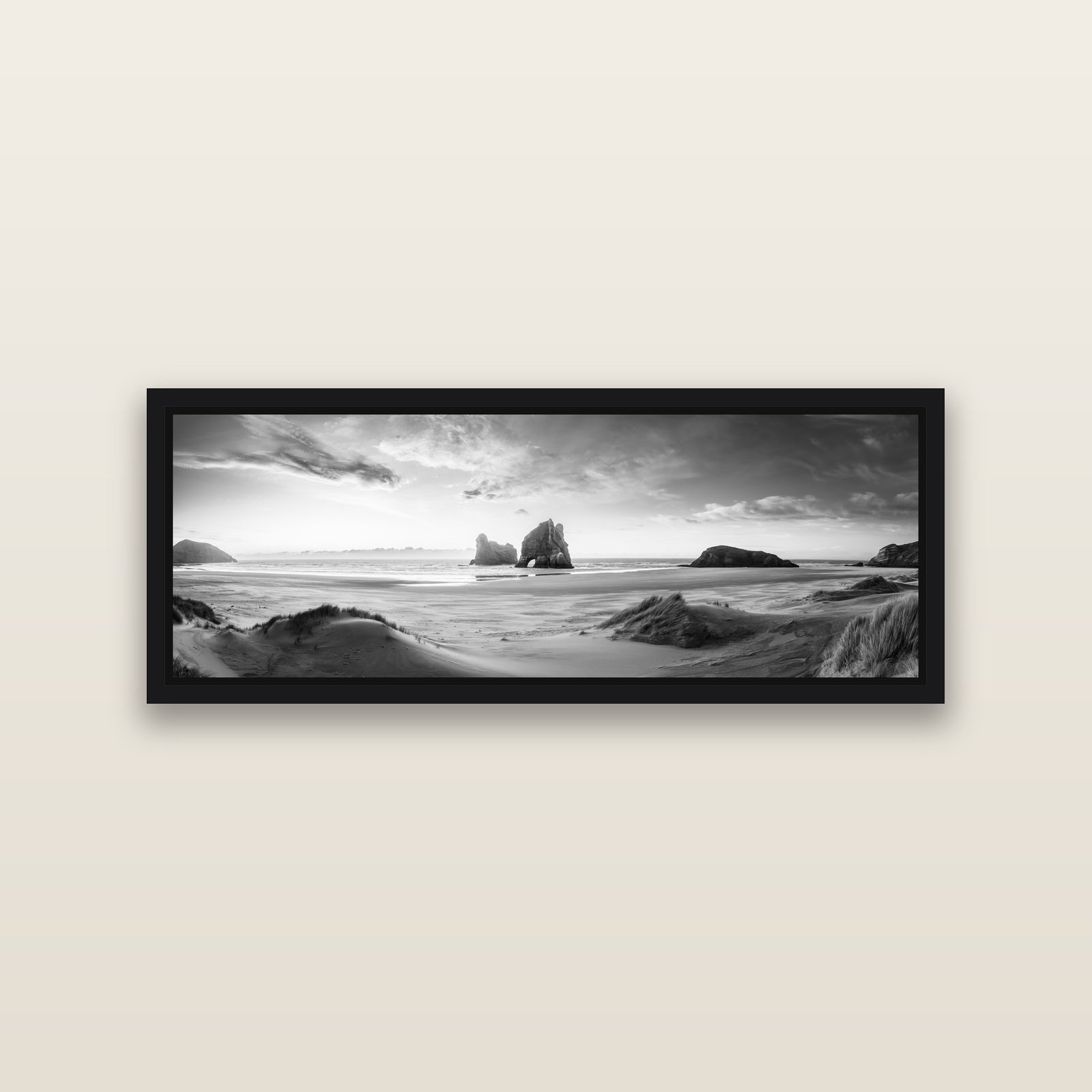 Sands of Time, Wharariki Beach — Black framed metallic canvas print, small 86 × 30 cm. New Zealand fine art landscape wall art by Stephen Milner.
