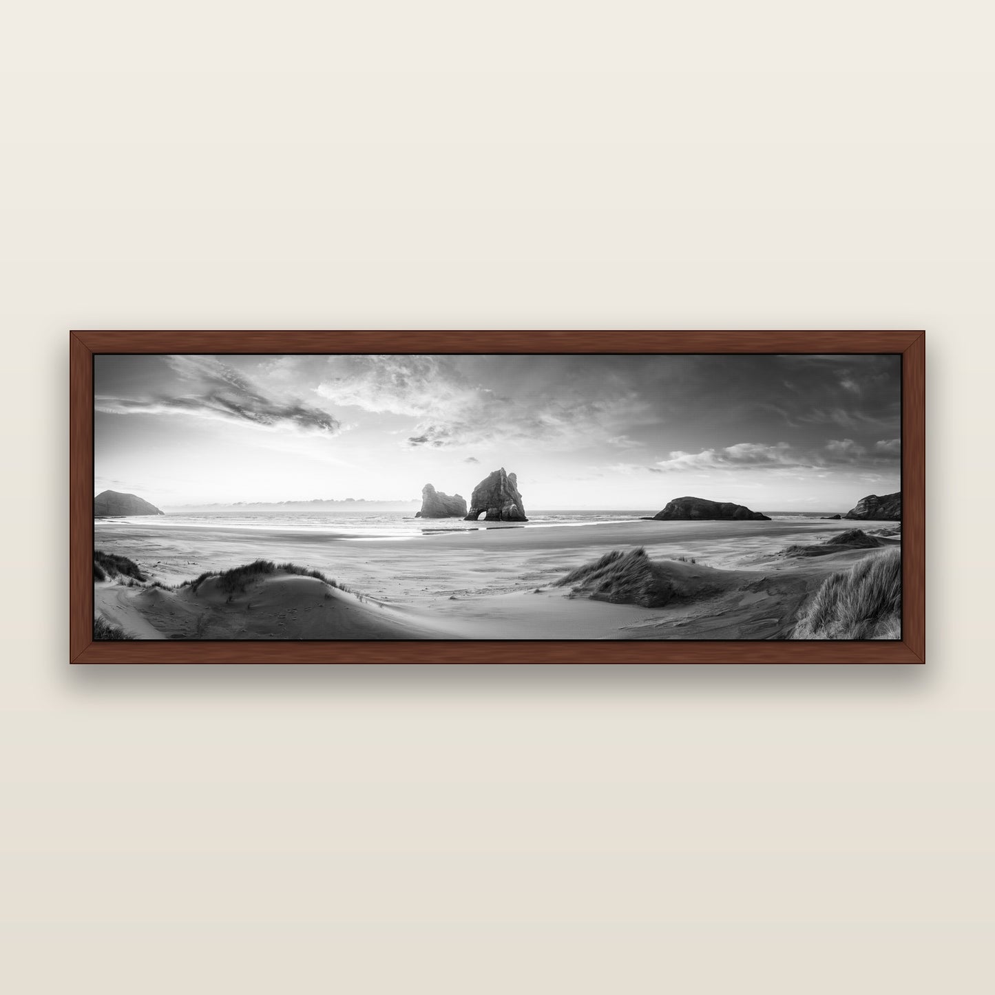 Sands of Time, Wharariki Beach — black and white framed metallic canvas print, Brown frame. New Zealand fine art wall art by Stephen Milner.