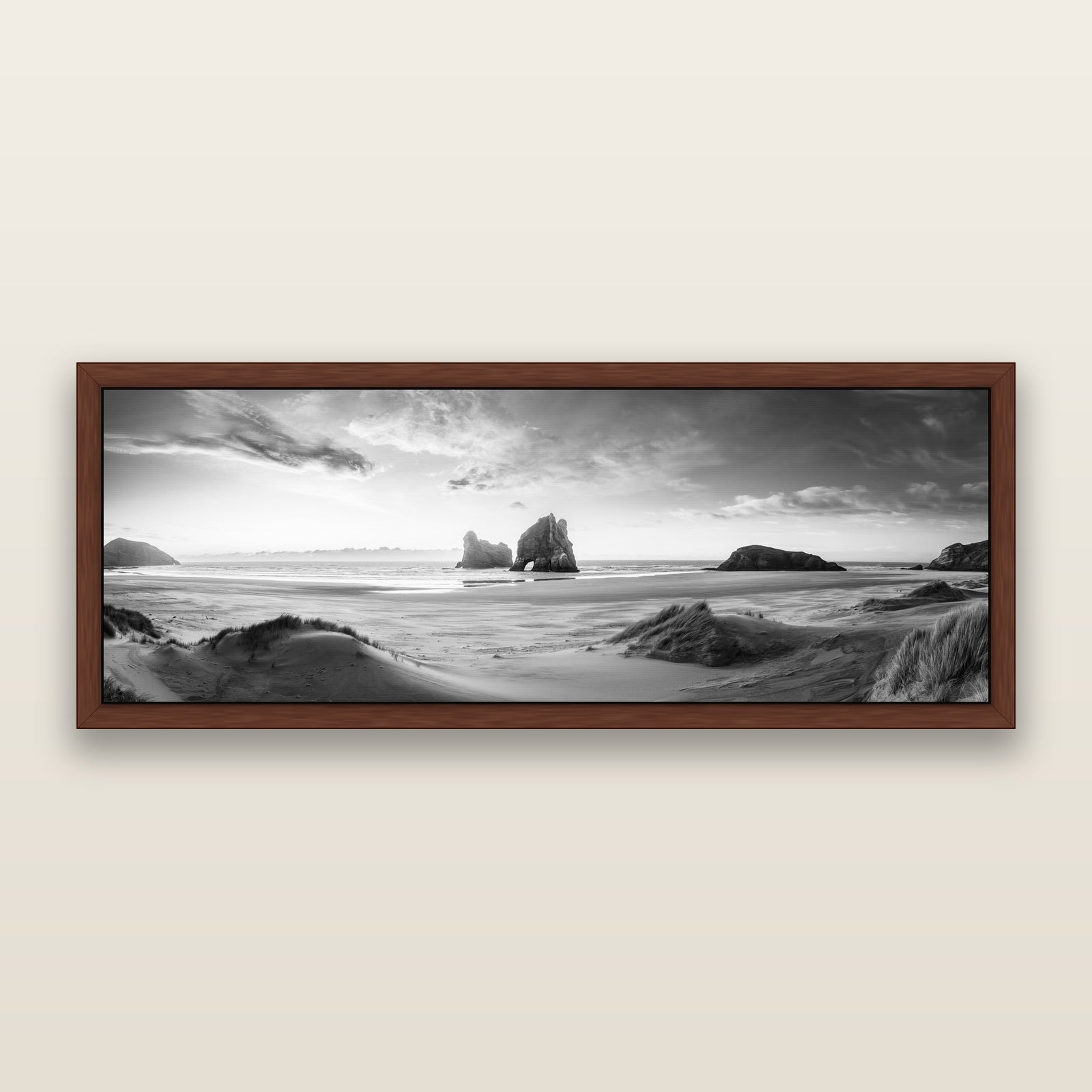Sands of Time, Wharariki Beach, black and white framed metallic canvas print, Brown frame. New Zealand fine art wall art by Stephen Milner.
