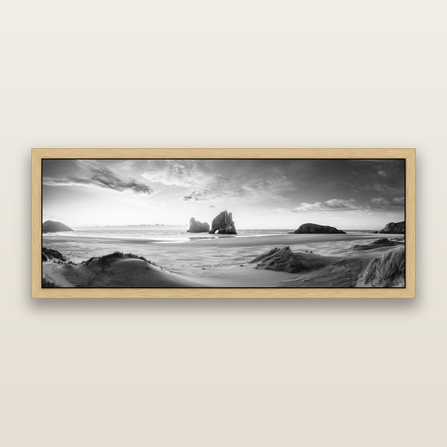 Sands of Time, Wharariki Beach — black and white framed metallic canvas print, Natural frame. New Zealand fine art wall art by Stephen Milner.
