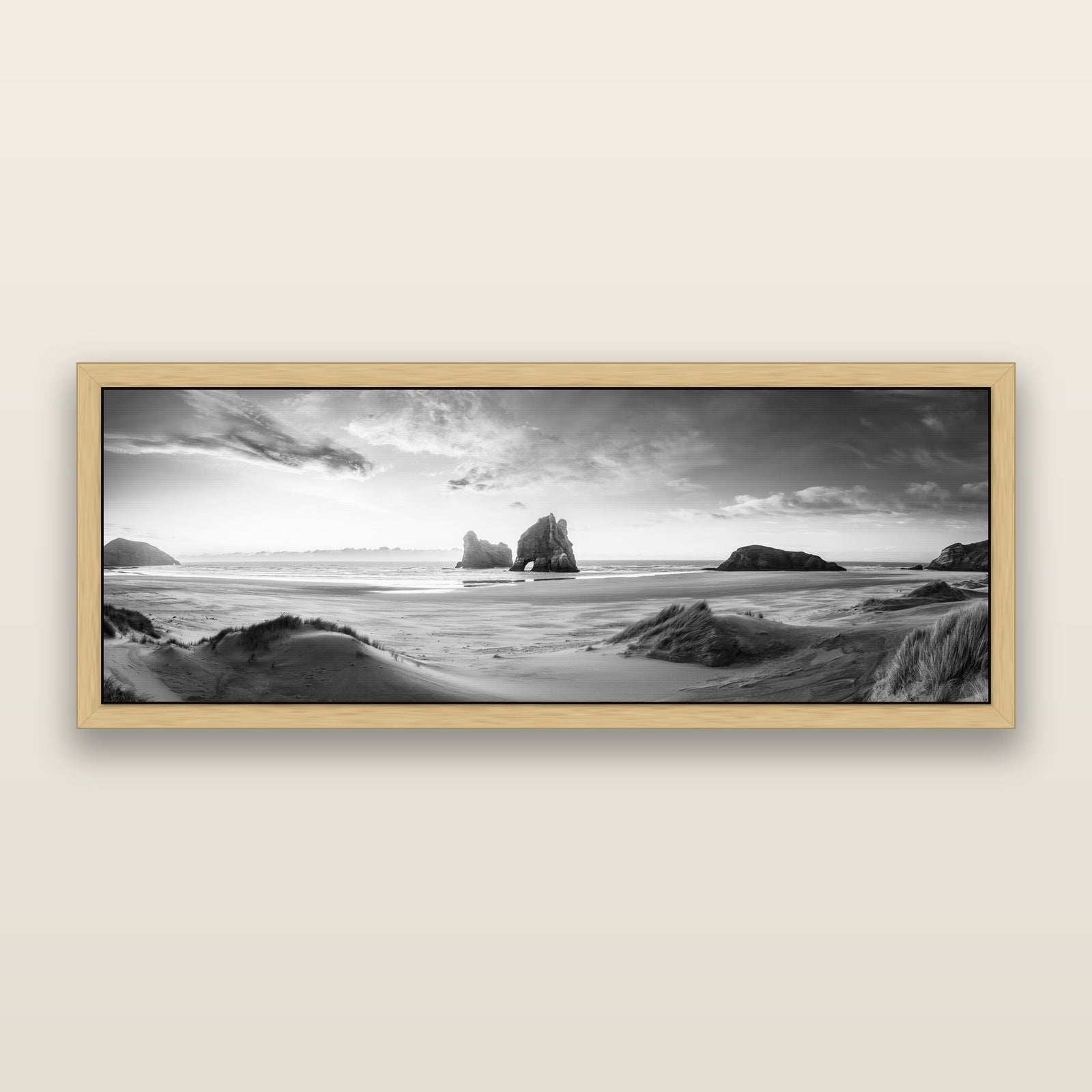 Sands of Time, Wharariki Beach, black and white framed metallic canvas print, Natural frame. New Zealand fine art wall art by Stephen Milner.