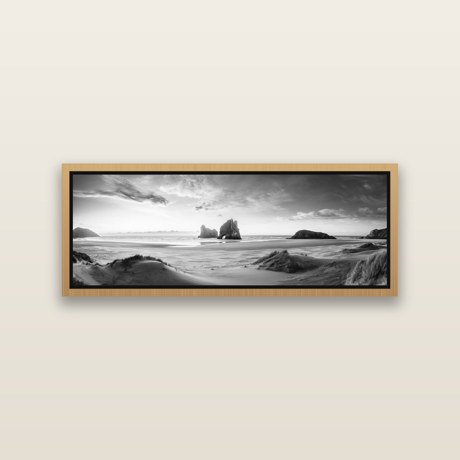 Sands of Time, Wharariki Beach — Natural framed metallic canvas print, small 86 × 30 cm. New Zealand fine art landscape wall art by Stephen Milner.