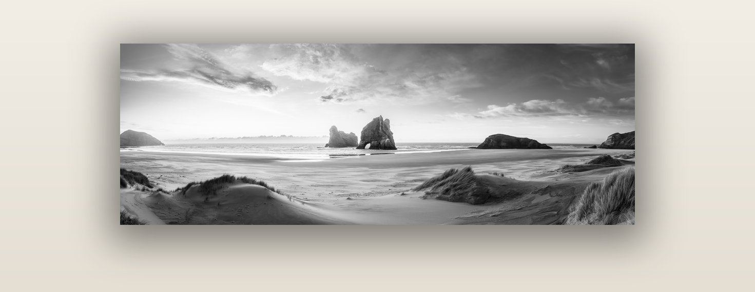 Sands of Time, Wharariki Beach — acrylic glass print, 122 × 41 cm. New Zealand fine art landscape wall art by Stephen Milner.
