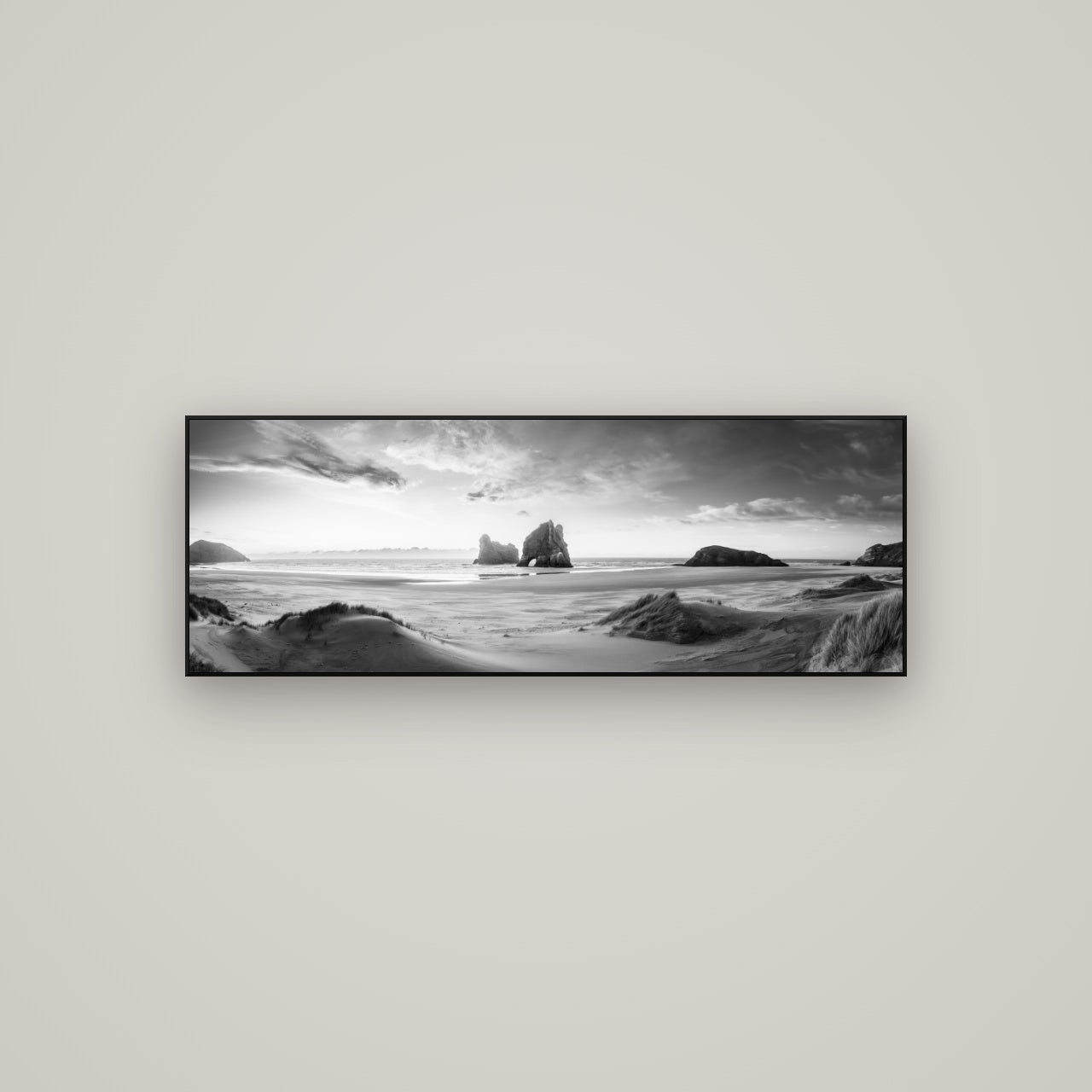 Sands of Time, Wharariki Beach — ArtBox Black, 113×40 cm. New Zealand fine art wall art by Stephen Milner.