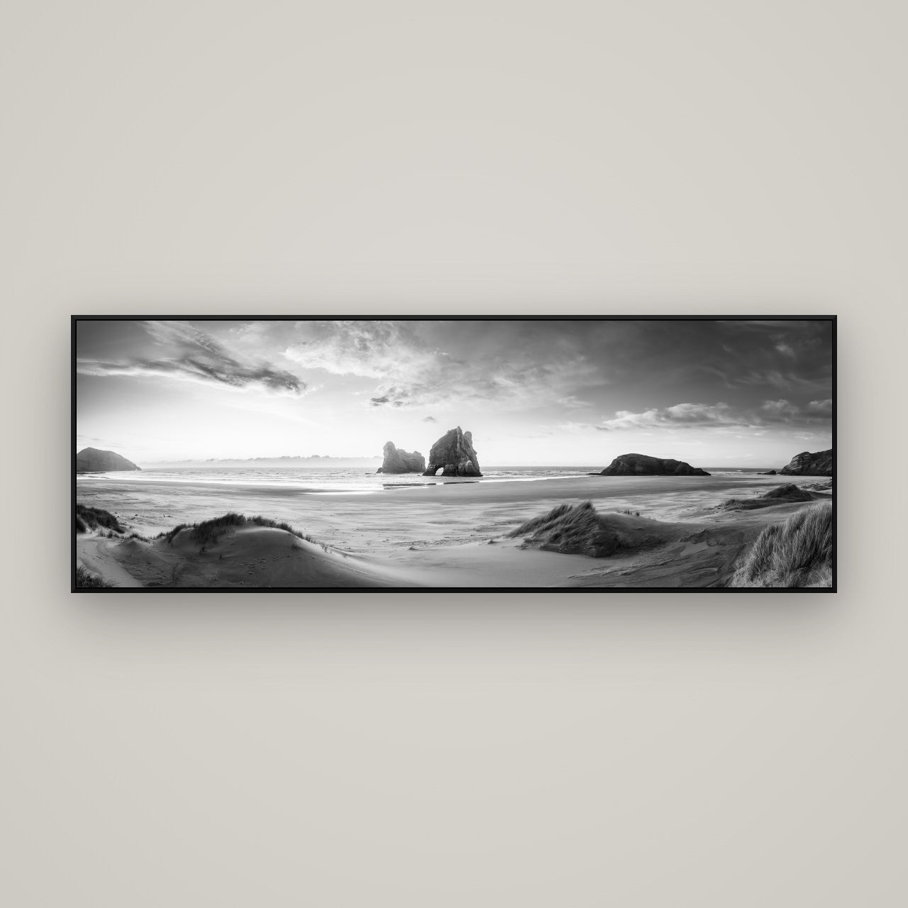 Sands of Time, Wharariki Beach — ArtBox Black, 170×60 cm. New Zealand fine art wall art by Stephen Milner.