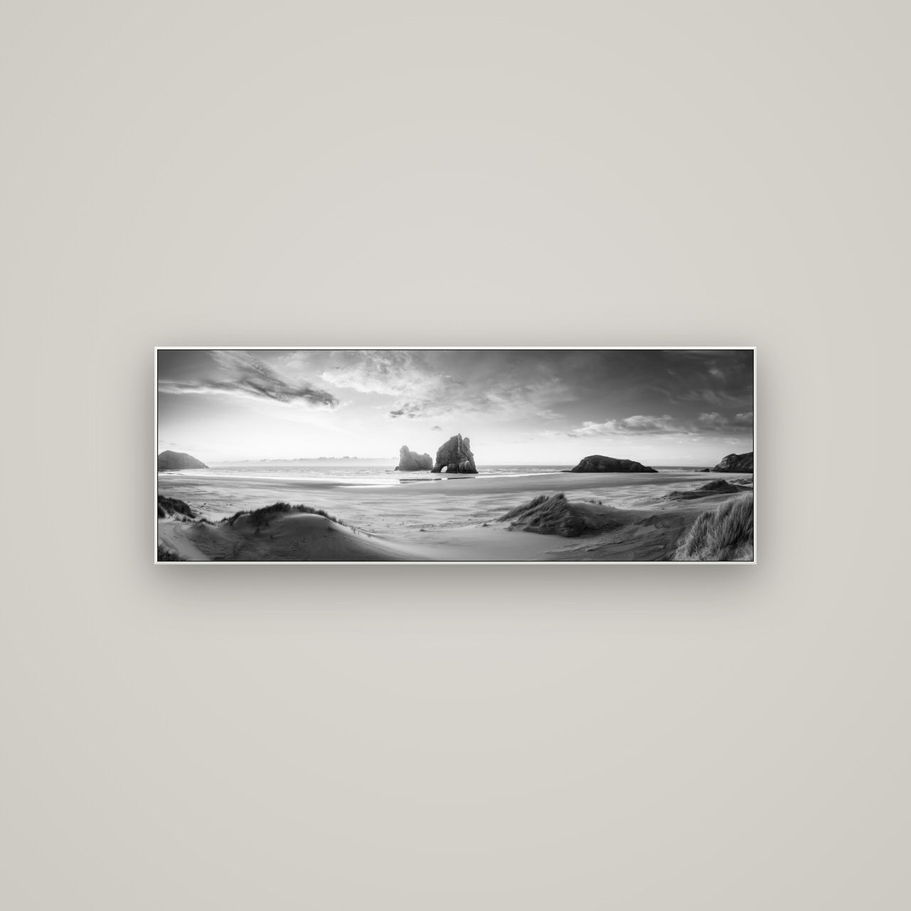 Sands of Time, Wharariki Beach — ArtBox White, 113×40 cm. New Zealand fine art wall art by Stephen Milner.
