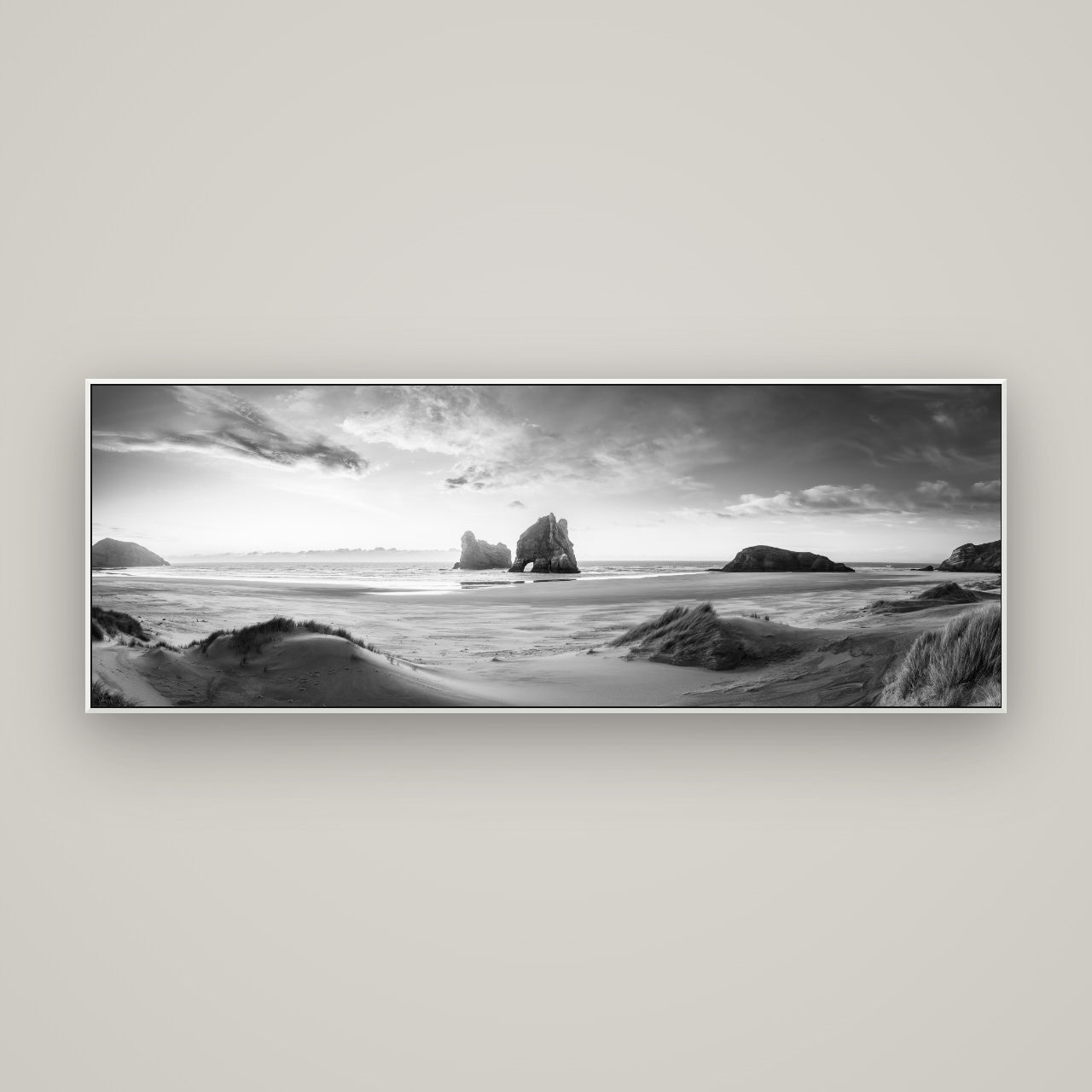 Sands of Time, Wharariki Beach — ArtBox White, 170×60 cm. New Zealand fine art wall art by Stephen Milner.