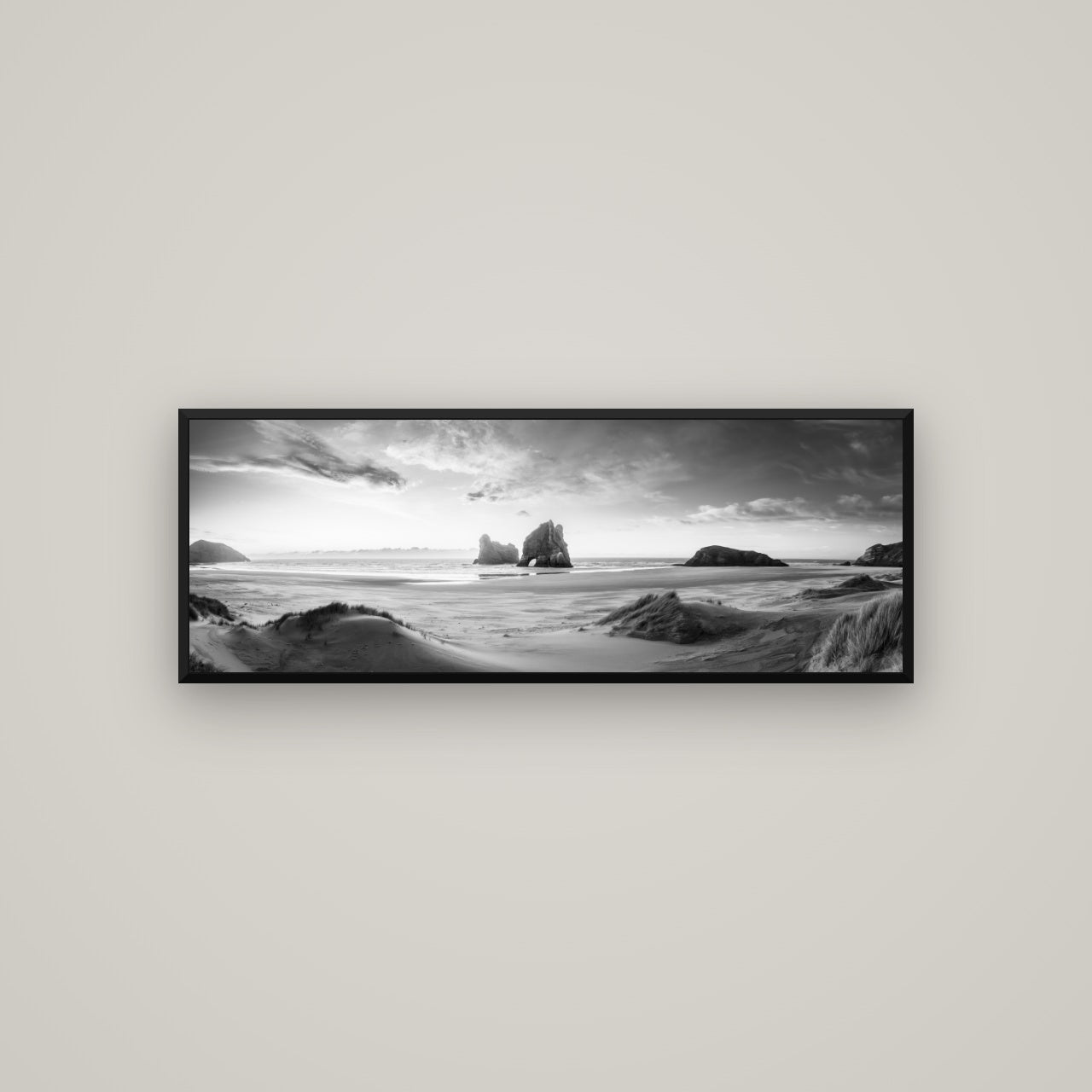 Sands of Time, Wharariki Beach — Basel Black, 113×40 cm. New Zealand fine art wall art by Stephen Milner.