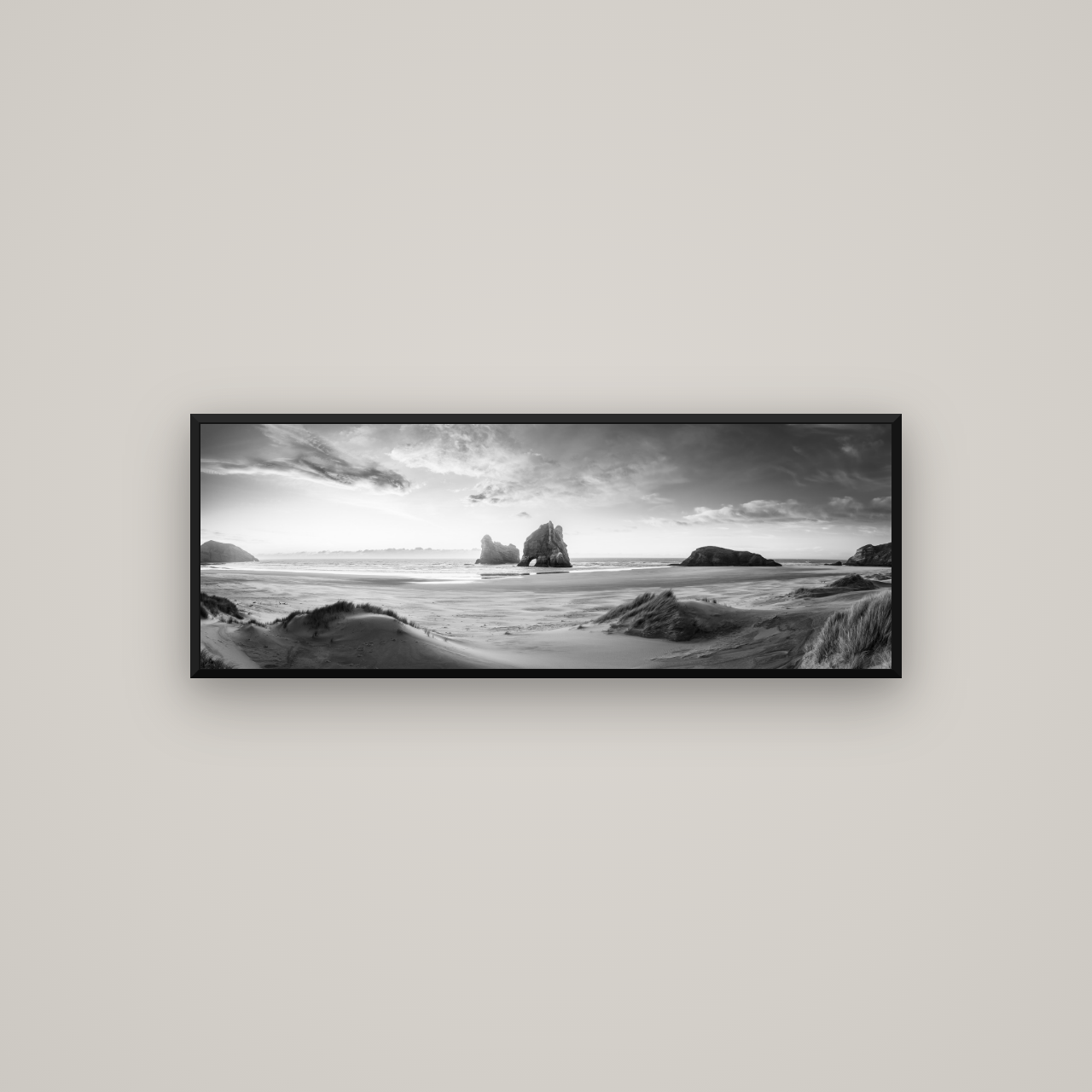 Sands of Time, Wharariki Beach — Basel Black Matte, 113×40 cm. New Zealand fine art wall art by Stephen Milner.