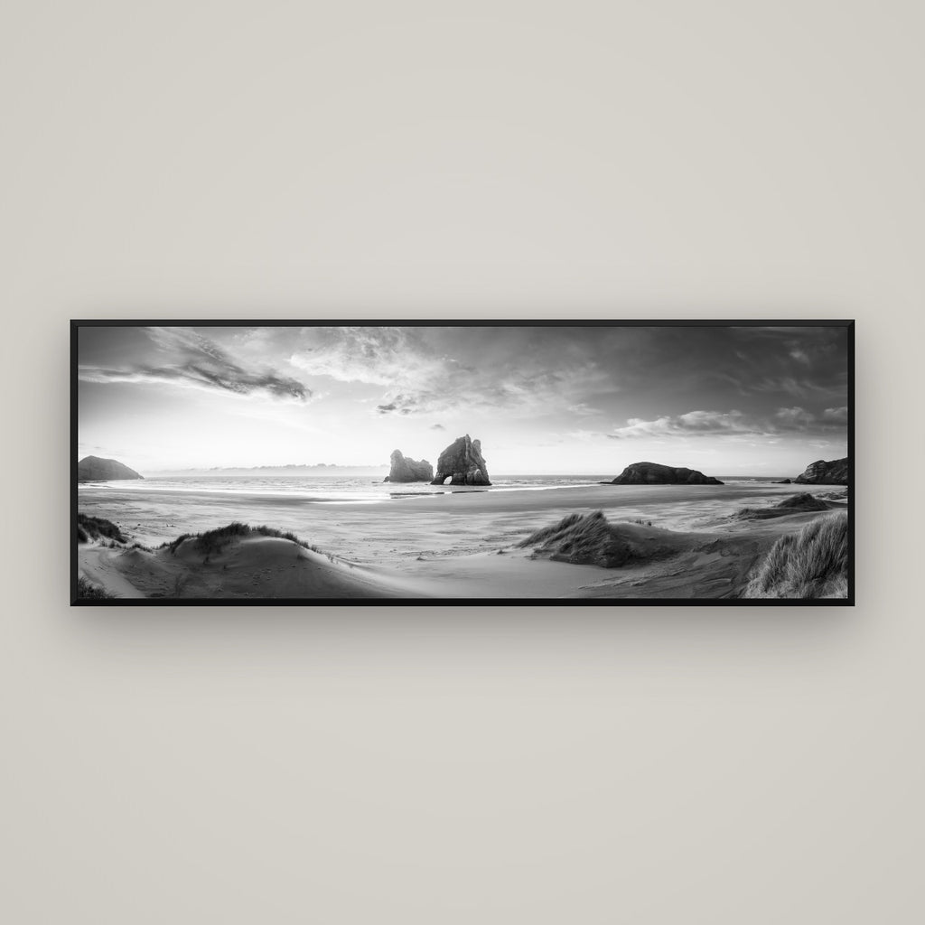 Sands of Time, Wharariki Beach — Basel Black Matte, 170×60 cm. New Zealand fine art wall art by Stephen Milner.