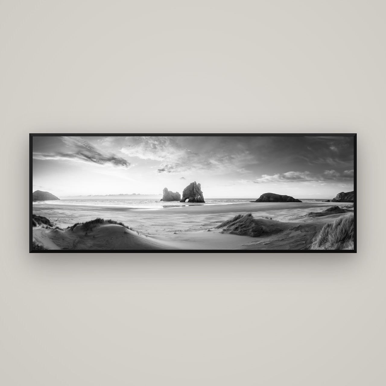 Sands of Time, Wharariki Beach — Basel Black, 170×60 cm. New Zealand fine art wall art by Stephen Milner.